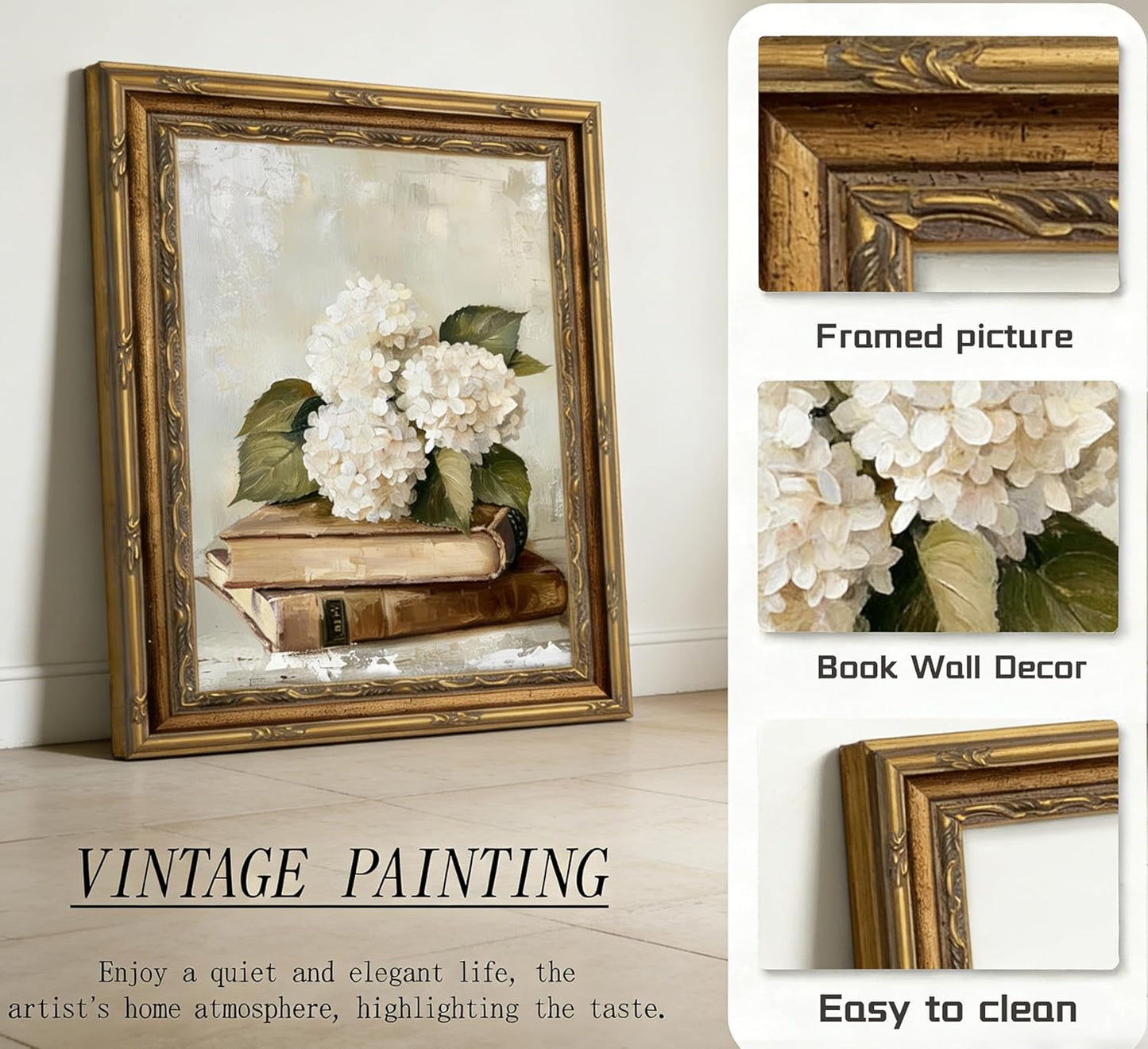 Gold Vintage Framed Floral Book Wall Art Rustic Bookish Hydrangea Painting Picture Wall Decor Elegant Cottage Flowers Poster Print Artwork for Library Reading Room Nook Corner Classroom Home Decoration