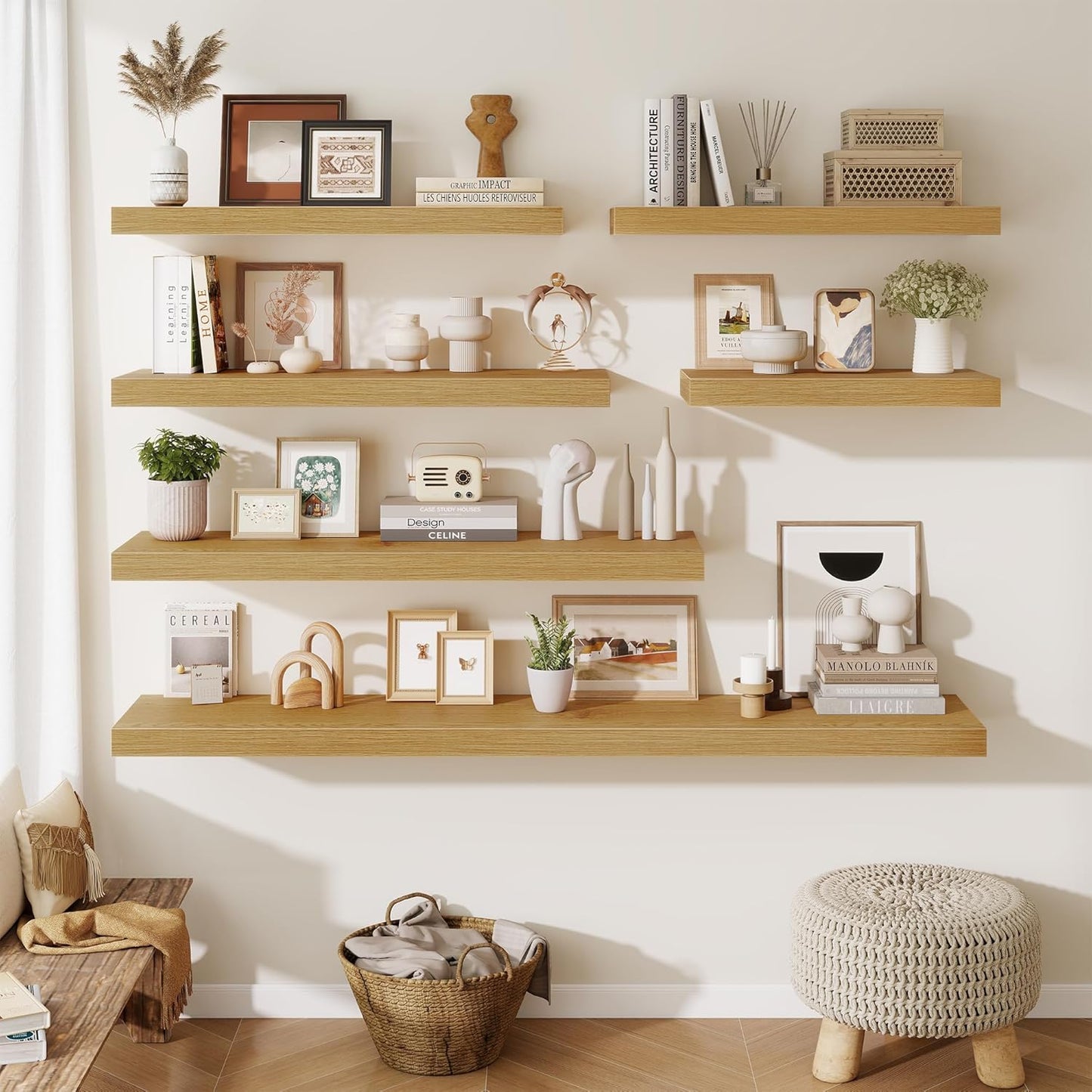 Fun Memories 32 x 12 Floating Shelves Wall-Mounted - Rustic Wood Shelf - 12 Inch Deep Floating Shelves for Wall - Large Storage Shelf for Bathroom - Kitchen & Bedroom - Oak - Set of 2
