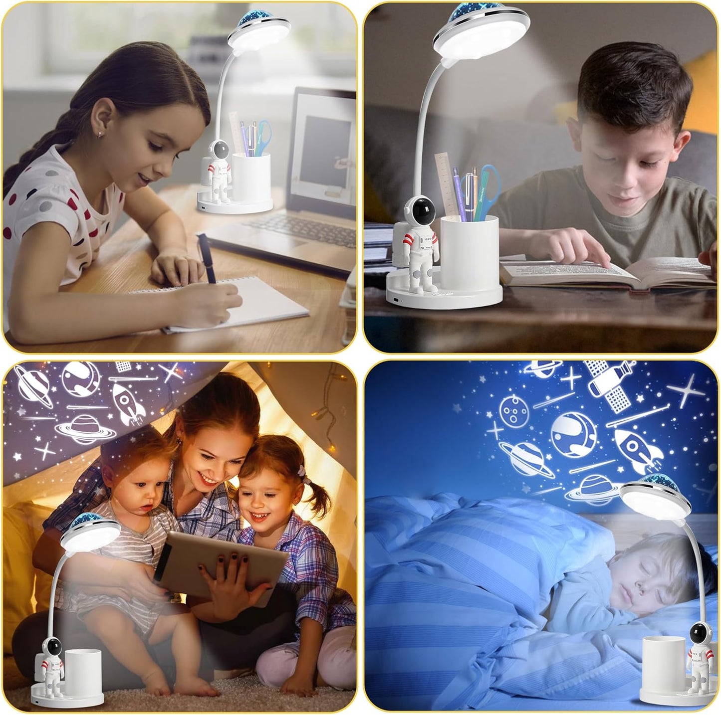 Astronaut Desk Lamp for Kids,Star Space Projector Space Rocket Lamps,Astronauta Lights with Pen Holder,Step-Less Dimming Lighting,Eye-Care Reading Small Desk Lamps for Bedroom,Gifts for Boys and Girls