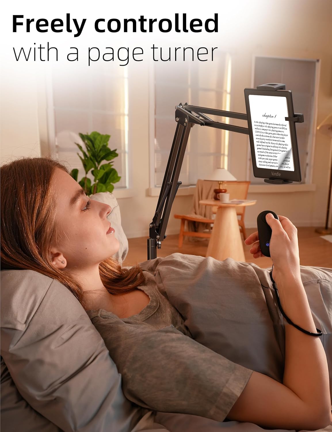 Floor Stand Kindle Holder with Remote Page Turner for Reading in Bed, Tablet Mount with Clicker, Kindle Accessories Tablet Stand Holder for Kindles Tablets iPhones 4.7-12.9 inch(Black)