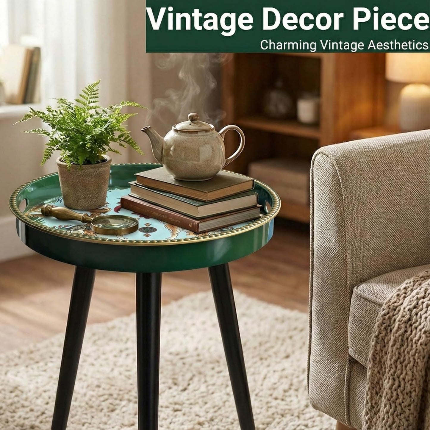 Zosenley Small Round Side Table - 13 Inch Emerald Green Boho End Table with Vintage Cheetah Pattern Tray - Unique Tropical Accent Table with Moisture-Resistant Wrapped Legs for Living Room & Bedroom