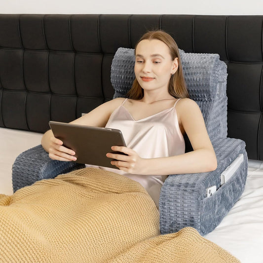 Reading Pillow for Bed, 19" Back Pillow for Bed Sitting up, Big Pockets & Built-in Arms, Backrest Cushion, Wedge Support for Reclining/Reading/Resting/Watching TV, Washable Cover, Slate Blue