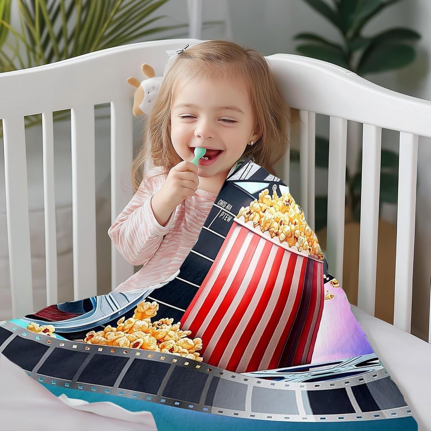 Erosebridal Vintage Cinema Theme Throw Blanket for Youth Teens Adults,Retro Movie Theater Fleece Blanket 40x50,Filmstrip Popcorn Flannel Blanket,Neon Night Film Bed Blanket Bedroom Decor