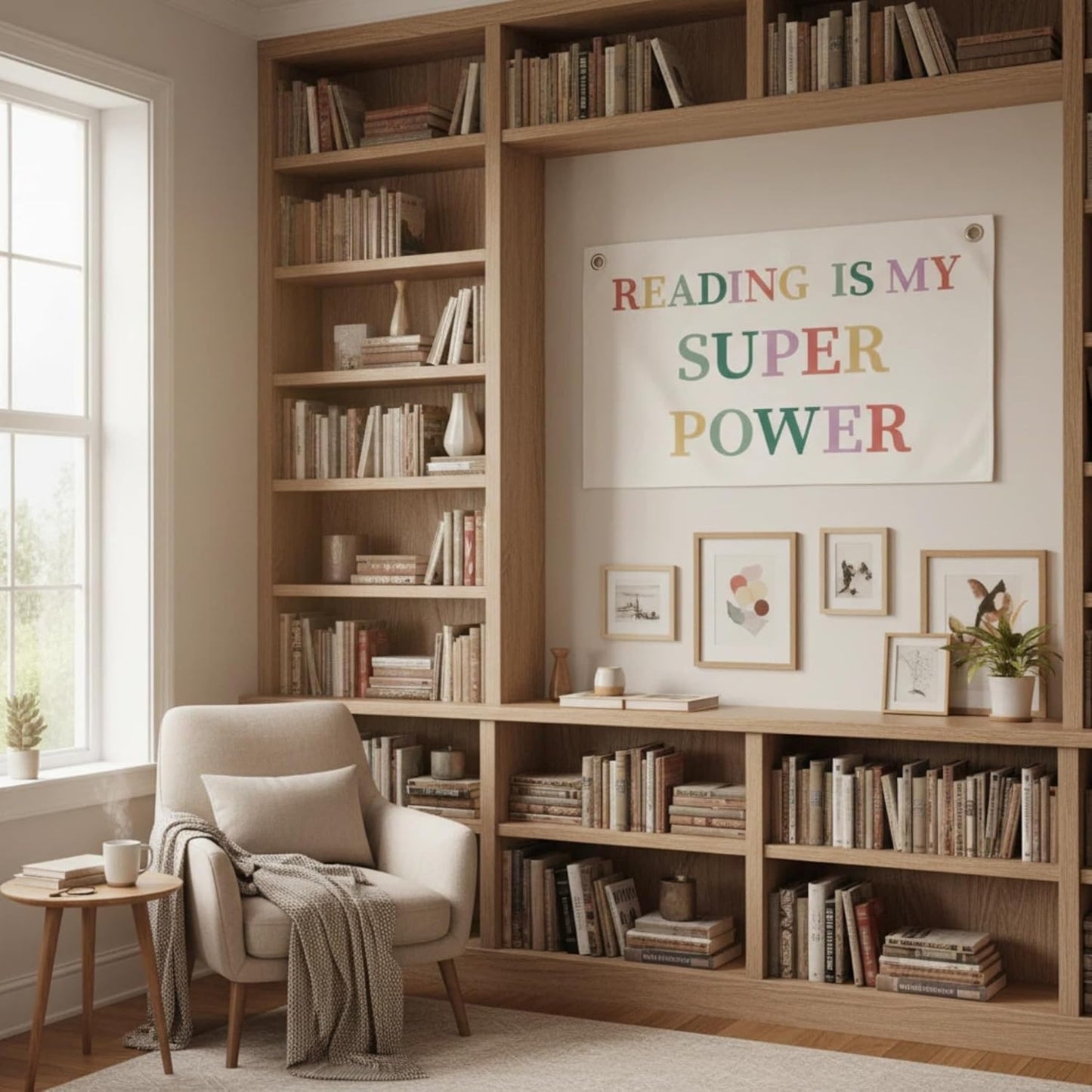 Canvas Wall Hanging Banner Decor (30"L x 20"W), "READING IS MY SUPER POWER" Inspirational Quote Fabric Sign, Boho Minimalist Wall Art with Metal Grommets for Library, Classroom & Reading Nook