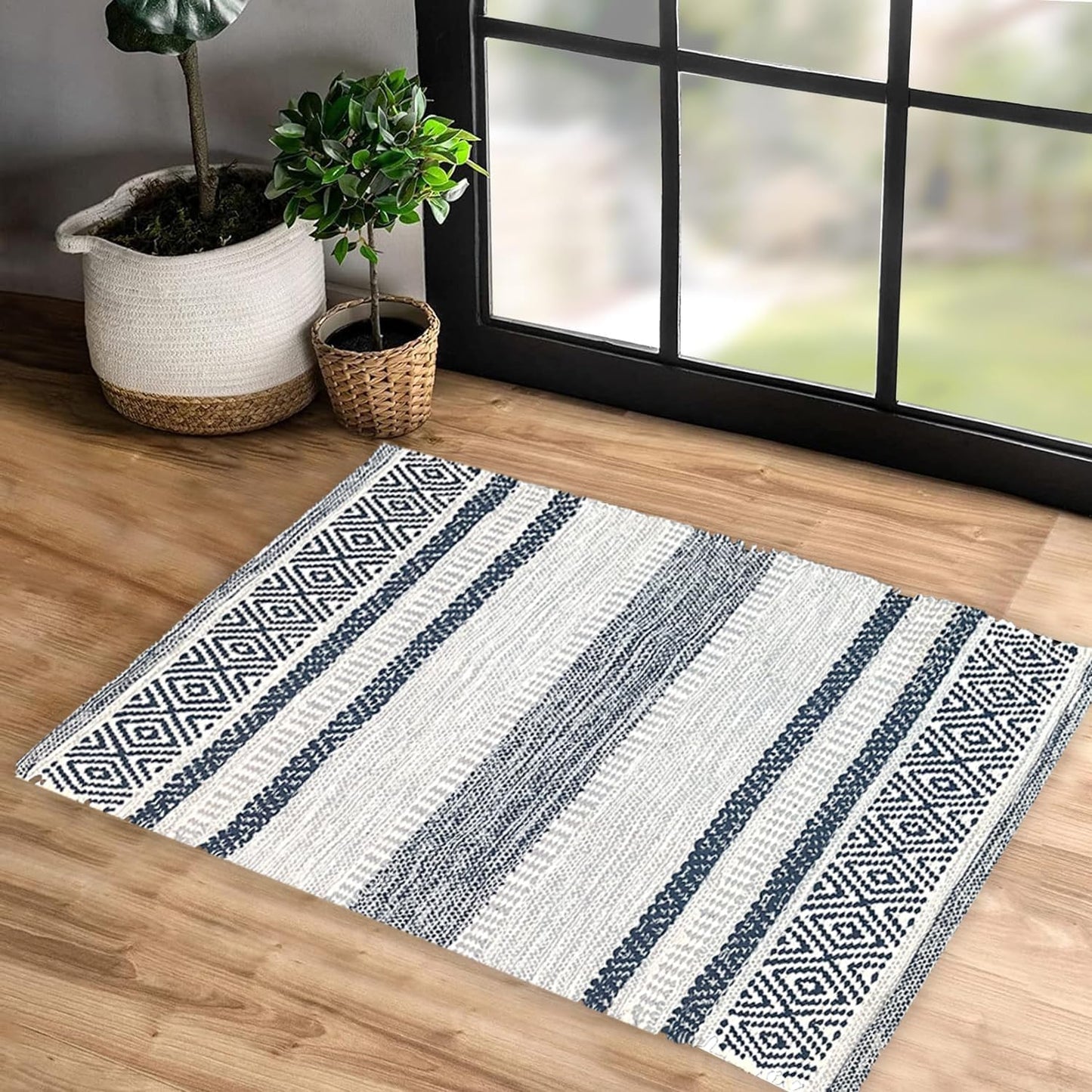 Chardin home Farmhouse Rug 24''x36'' Grey-Navy | Recycled Cotton Hand Woven Rug, Long Boho Rug | Perfect for Hallways, Kitchens, Bathroom, bedrooms, Meditation Yoga Mat | Machine Wash