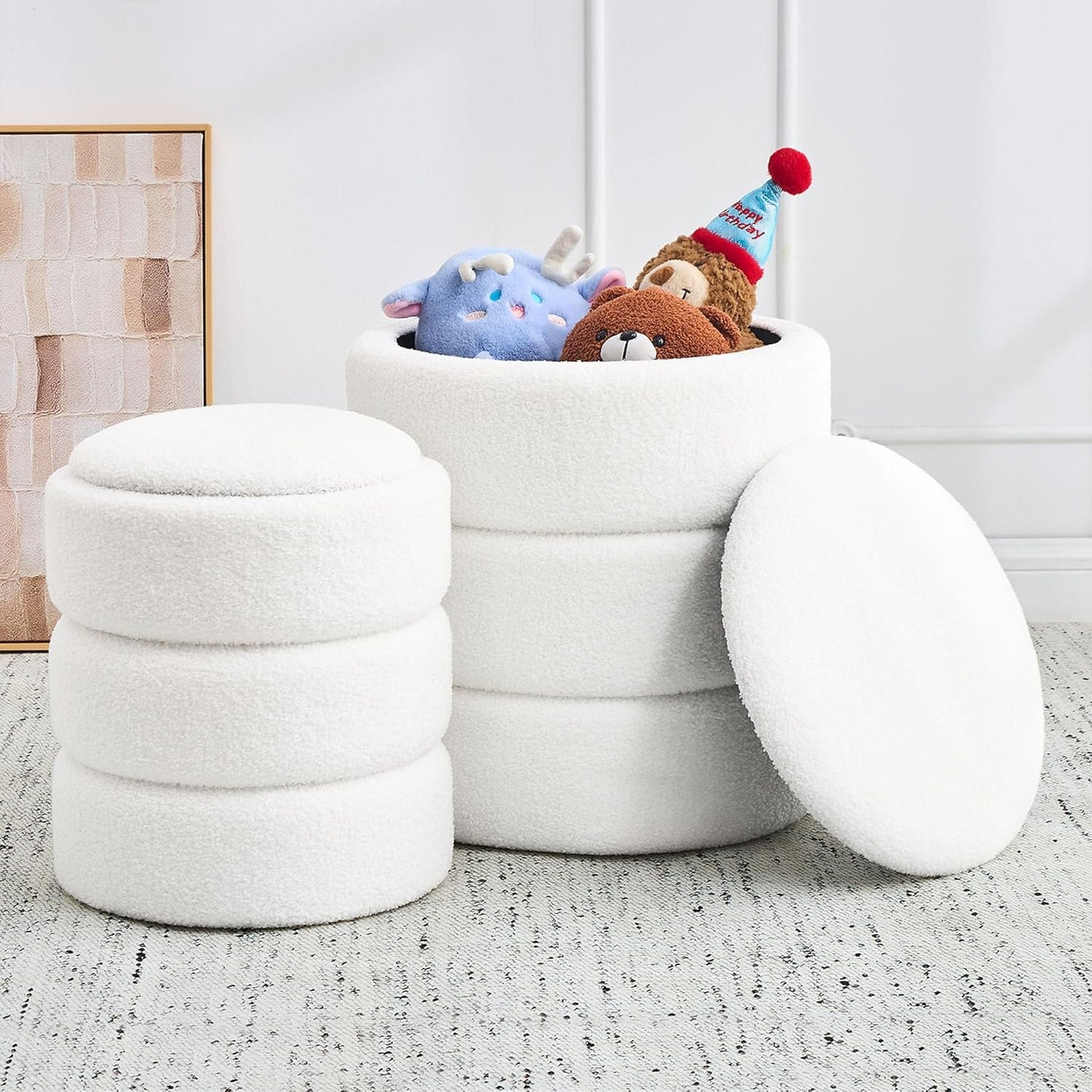 Round Ottoman with Storage Set of 2, Soft Teddy Velvet Upholstered Foot Stool Vanity Chairs, Support 330lbs Padded Seat Multifunctional Ottomans Footrest, Foot Rest for Living Room, White