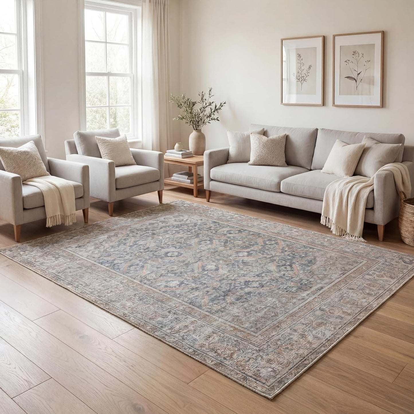 Kuden 4x6 Area Rug, Machine Washable Area Rug with Non-Slip Backing, Vintage Style, Soft, Easy Clean, Low Pile Rug for Living Room, Bedroom, Dining Room
