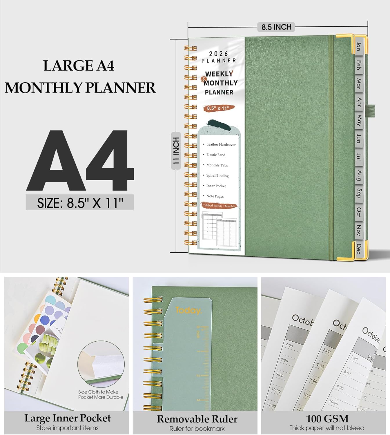 2026 Planner, Weekly and Monthly Calendar Planner from January 2026 - December 2026, 8.5" x 11" Hardcover Leather Hourly Appointment Book with Tabs, Spiral Daily Planners for School Work Home, Green