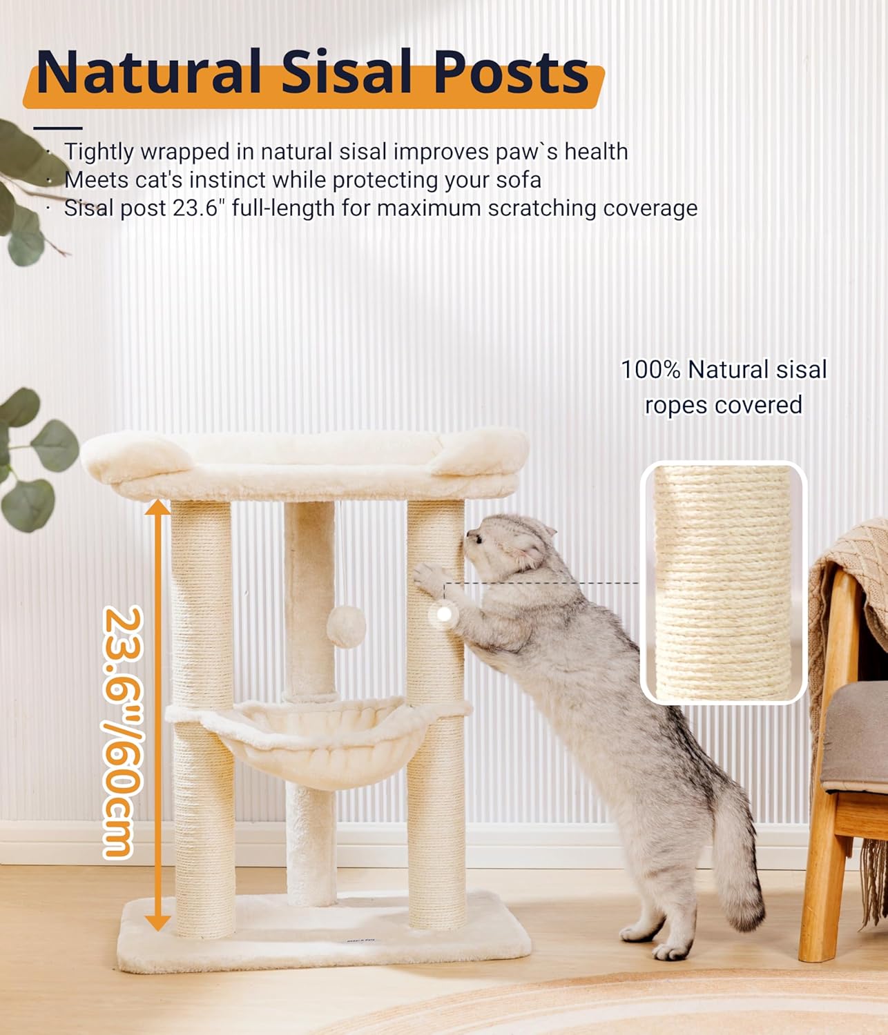 Happi N Pets 28" Cat Tree Tower, Tall Cat Scratching Post with Soft Perch for Window Viewing, Large Bed for Big Cats, Stable & Compact Cat Tower with Hammock, Removable Cover-Beige