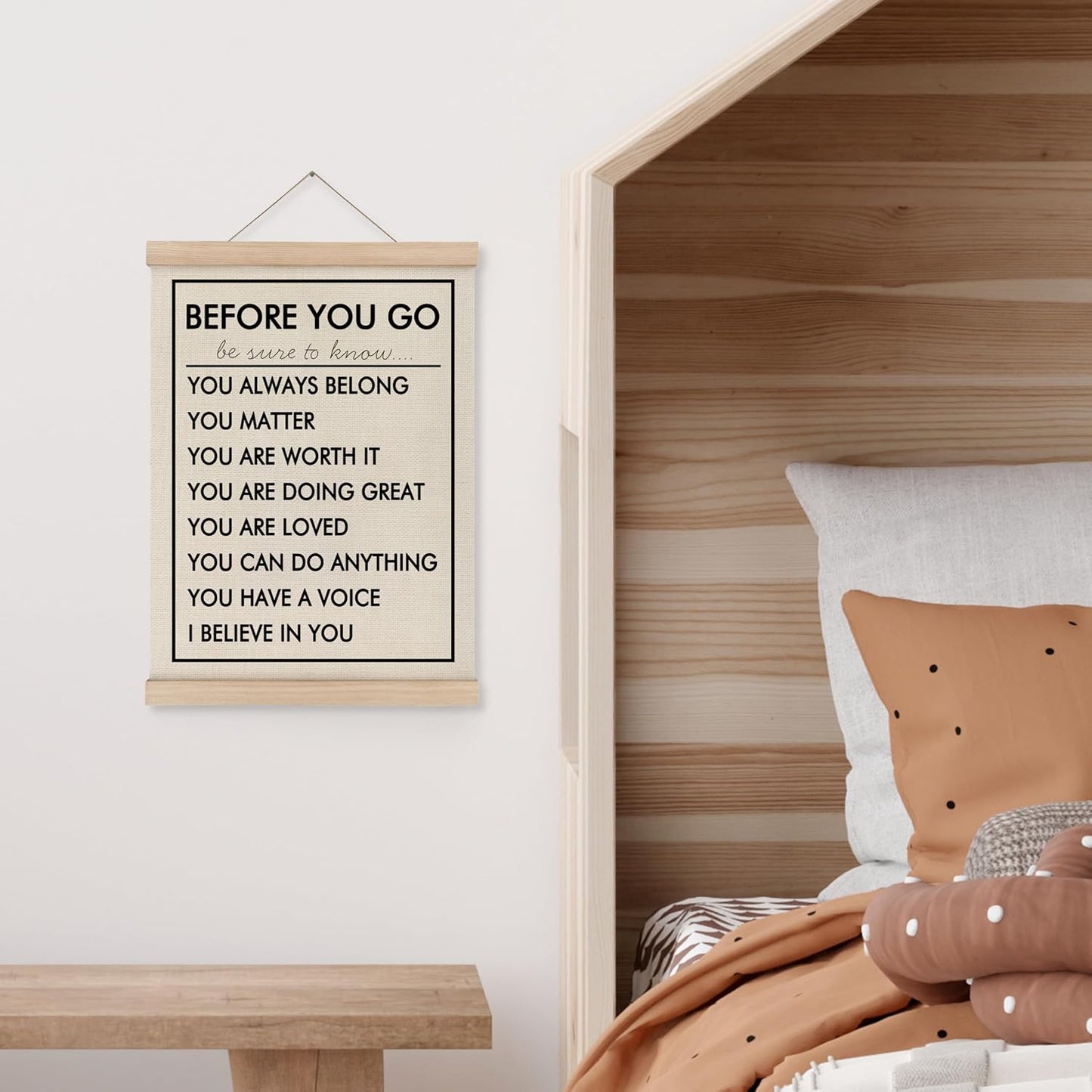 MAQIKA Before You Go Affirmations Poster Framed with Wood Hanger, Affirmation Wall Art, Inspirational Quote Hanging Wall Decor, I Believe in You Canvas Wall Art for Classroom Kids Room 12x16 Inch