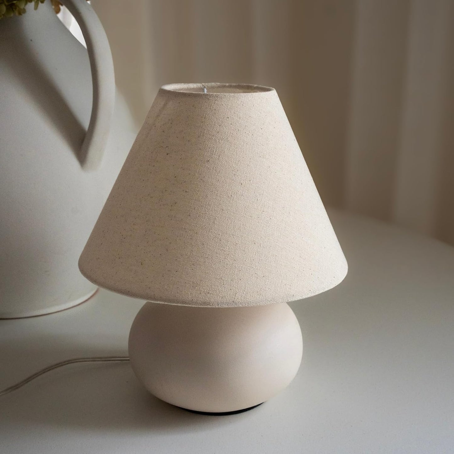 11" Small Table Lamp – Handmade Round Ceramic Cream Base with Off-White Fabric Shade, Dimmable Plug-in Nightstand or Accent Light – Organic Boho Japandi Decor for Bedroom or Small Spaces