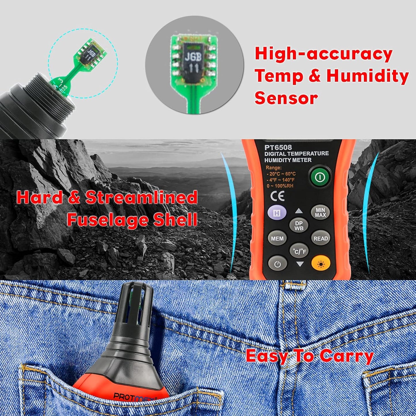 Protmex Digital Temperature Humidity Meter, Thermometer Hygrometer with Ambient Dew Point and Wet Bulb Temperature Indoor and Outdoor, Data Logger with Min/Max Hold, LCD Backlight, PT6508