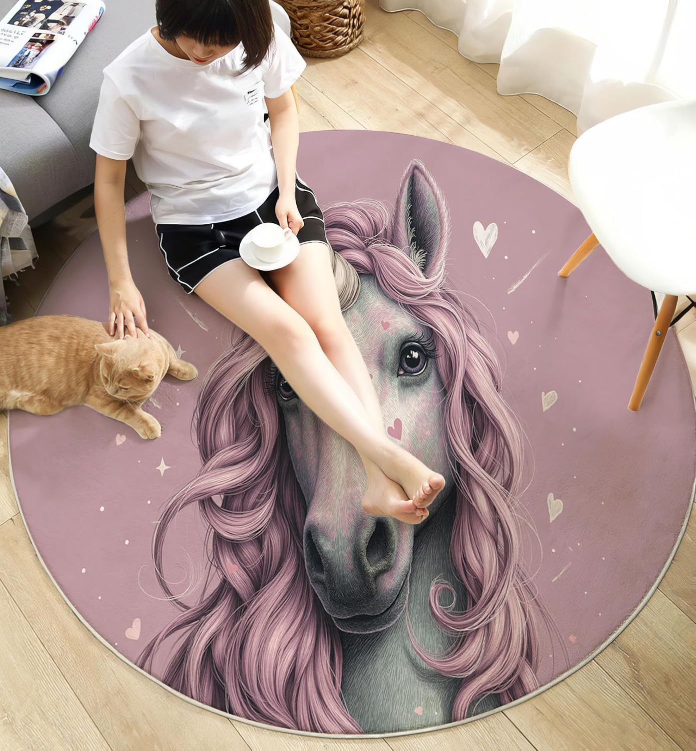 Cute Heart Unicorn Round Rugs 4Ft, Animal Poster Round Living Room Area Rug, Washable Large Soft Circle Rug for Bedroom, Non Slip Ultra Thin Floor Carpet for Dining Room, Pink