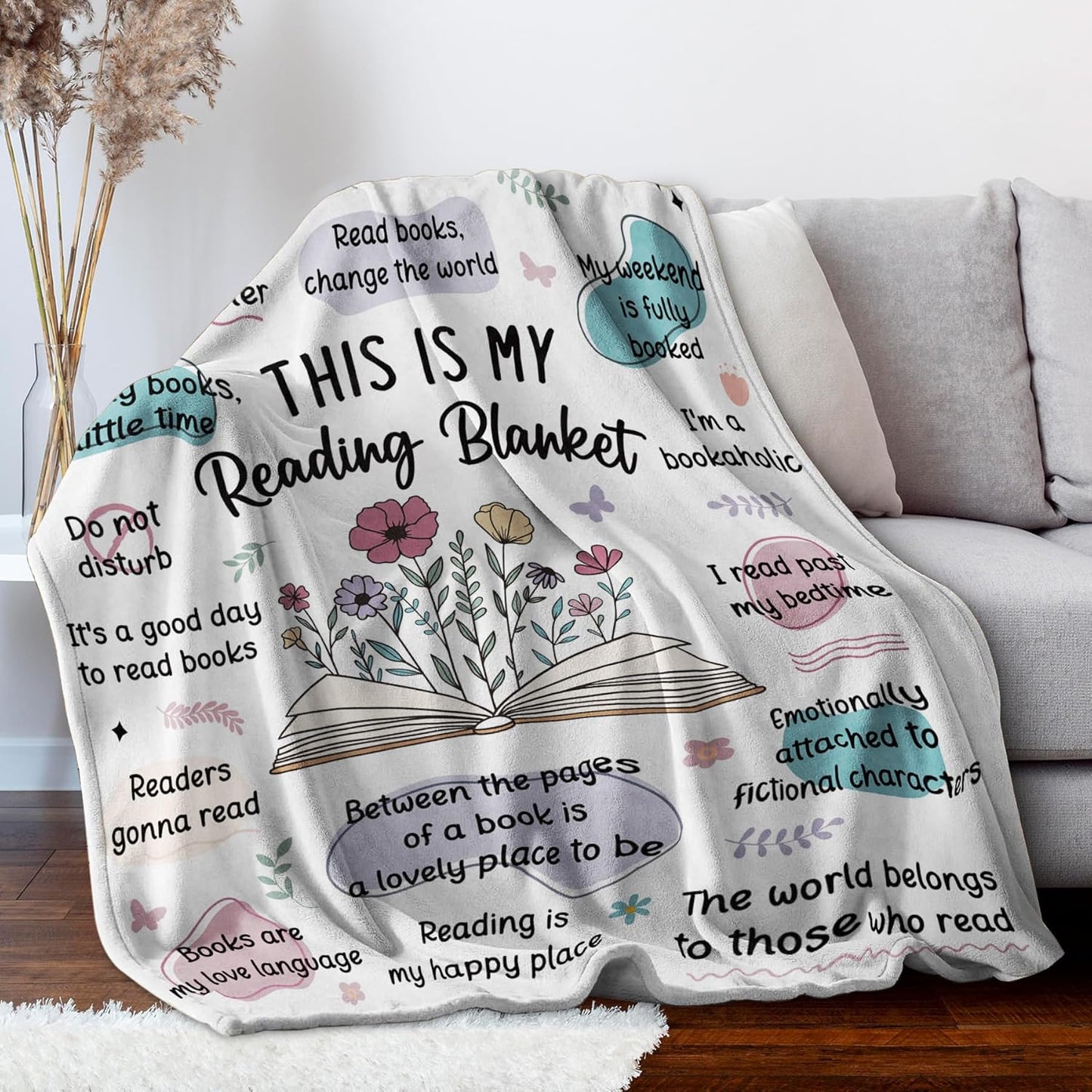 BaubleDazz Book Lovers Gifts for Women, This is My Reading Blanket with Flowers, Book Club Bookish Reading-Themed Birthday Gifts for Readers, Librarian, Bookworm, Girl, Watercolor Nap Blanket(50*60)