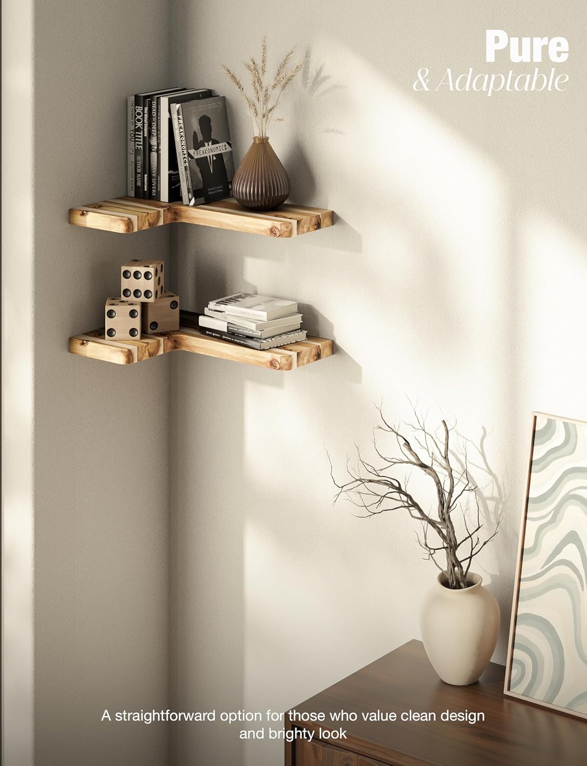 BATODA Acacia Corner Floating Shelves 17“x12”, Wall Shelves - Floating Book Shelves for Wall, Corner Bookshelf for Home Decor - Wooden Shelves with Bracket and Hardware, Boho Decor (Natural Color)