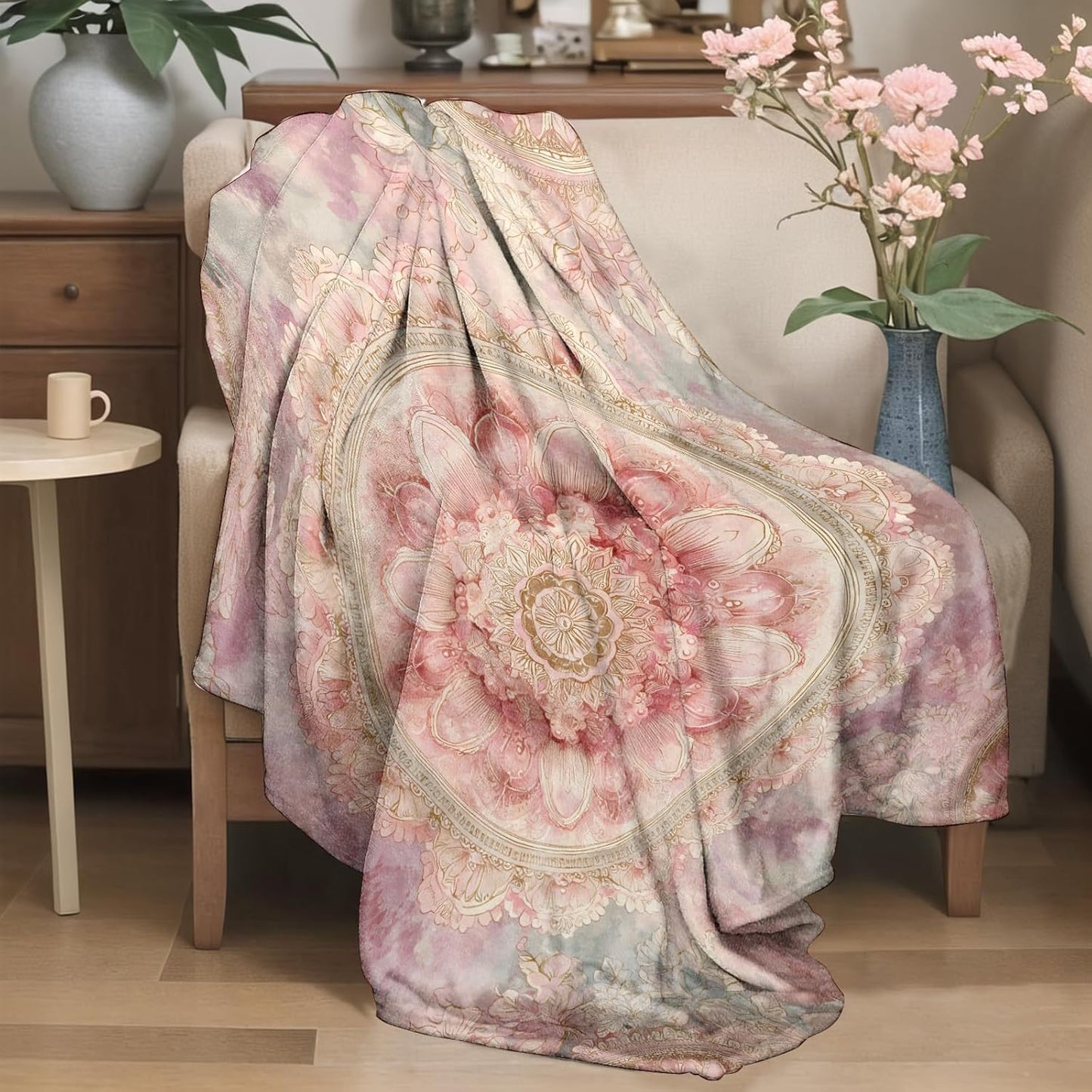 Elegant Mandala Floral Flannel Blanket 50"x60" Watercolor Pink Flower Printed Lightweight Throw Blankets Birthday for Girls Women Office Bedroom Sofa Travel Boho Home Decorate