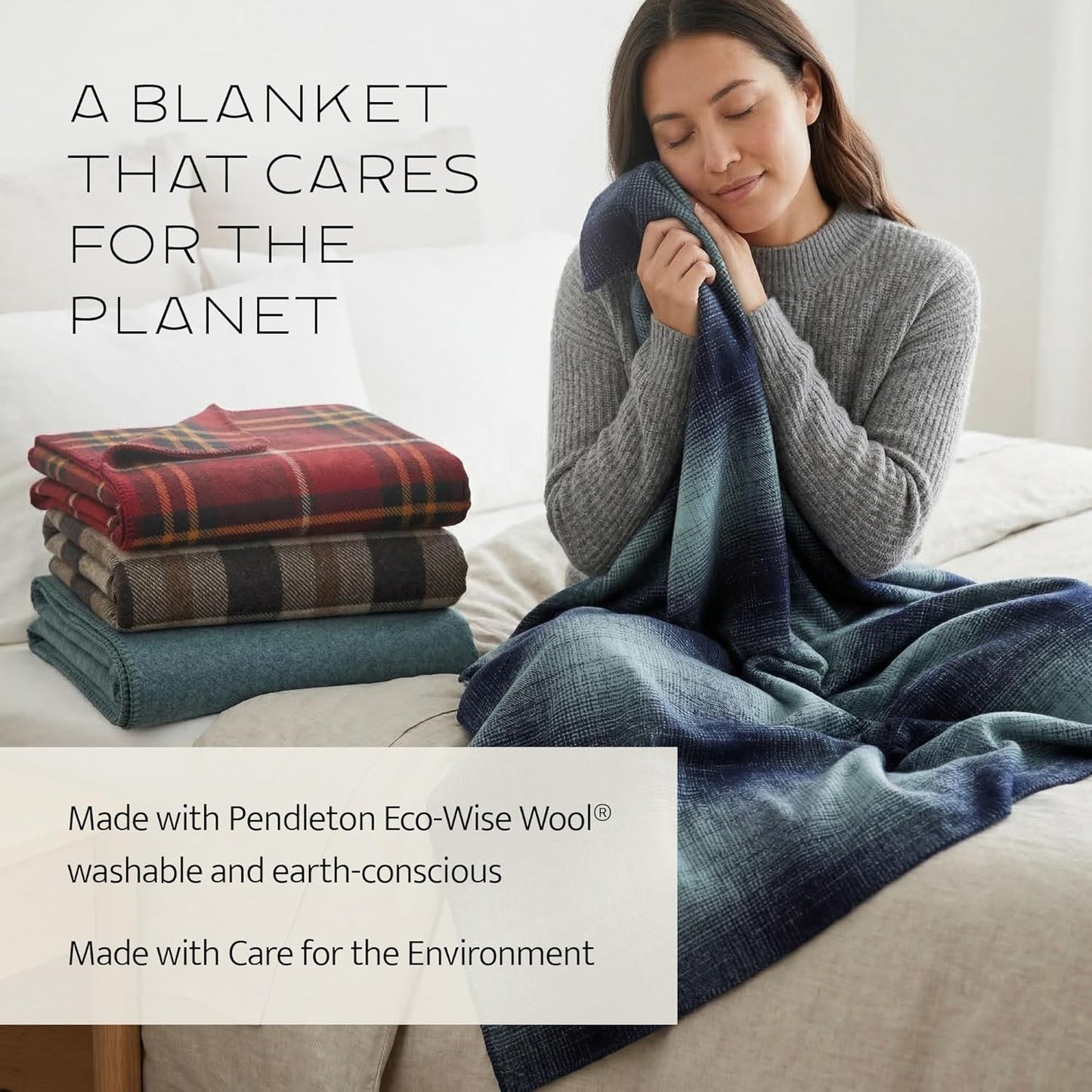 Pendleton Eco-Wise Easy Care 100% Wool Blanket, Responsibly Sourced, Heirloom Quality, Washable All Season Blanket, Twin 66" x 96", Ivory