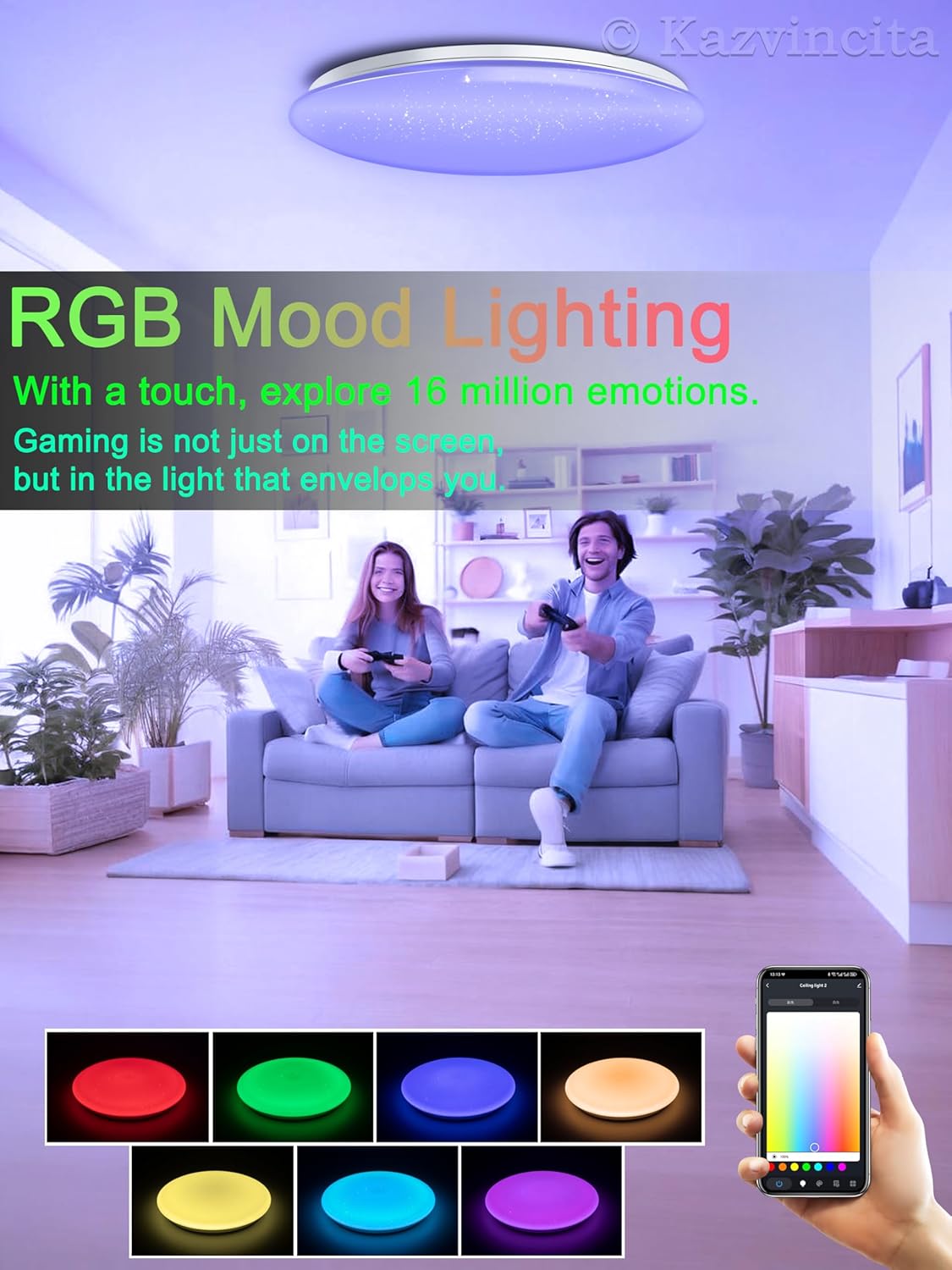 WF-Version LED Ceiling Light with Speaker 40W 13Inch Control via app/Voice/Remote Adjustable Brightness & Color Temperature Ceiling Lamp RGB Ambient Lighting for Bedroom Kids Room and More
