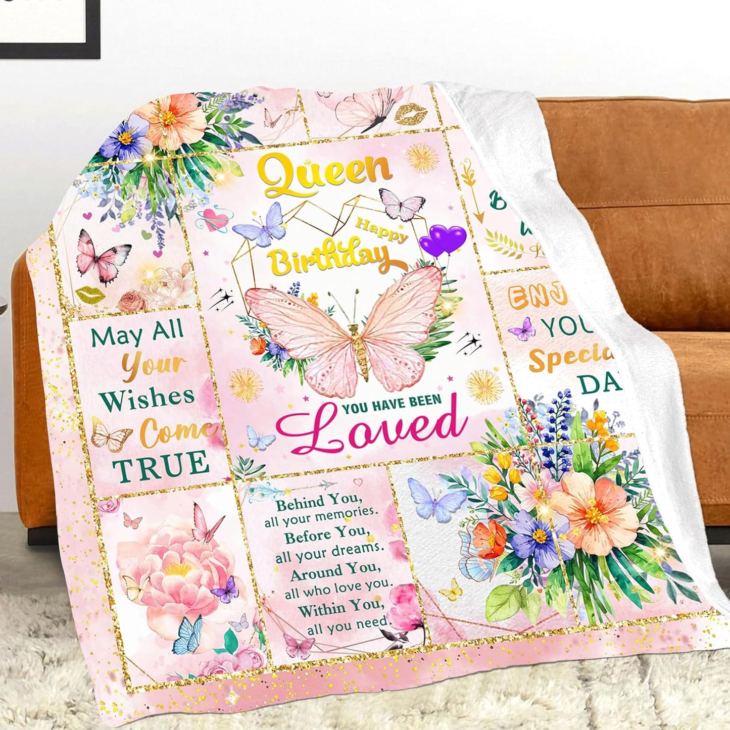 Happy Birthday Gifts for Women, Super Soft Funny Pink Butterfly Flower Bday Decorations Blanket 50"x40" for Kids Adults, Birthday Gifts for Girls, Warm Plush Fleece Flannel Blanket for Couch Bedding
