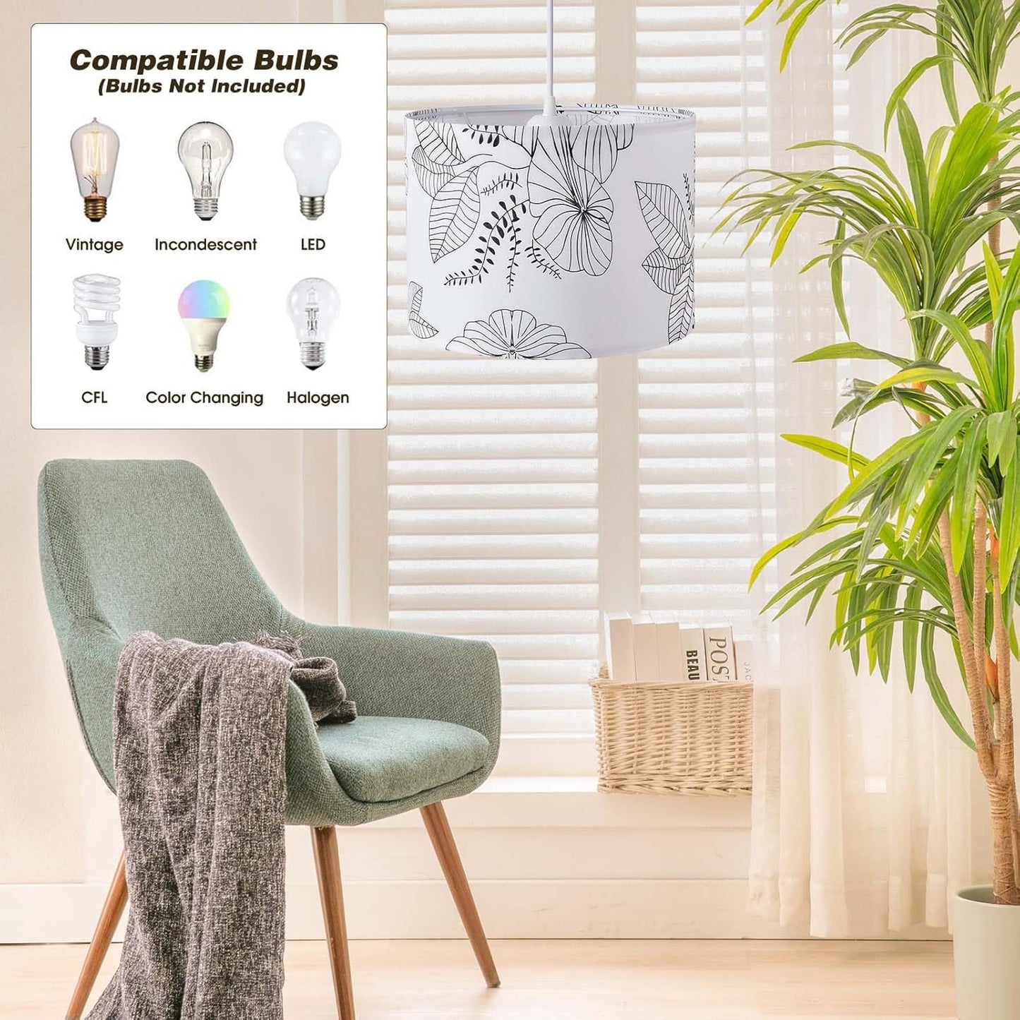 Plug in Pendant Light, 15 FT Hanging Lamp with Plug in Cord, On/Off Switch, Pendant Lighting with Fabric Shade, Hanging Light Fixture for Living Room, Bedroom, Dining Room, Kitchen