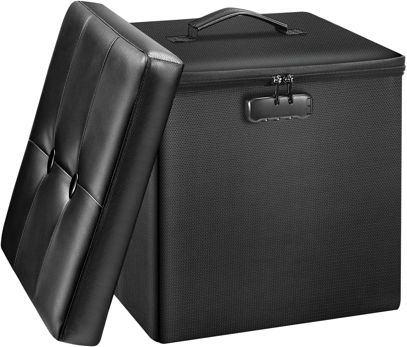 Tamfile Small Ottoman with Storage, 13 x 13 x 13 inch Fireproof Safe Folding Ottoman with Lock for Important Documents, Waterproof Foot Rest Stool with Storage, Ottoman Foot Rest with Handle, Black