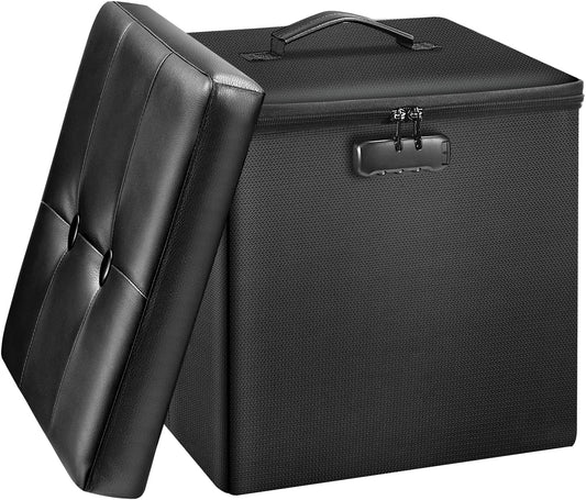 Tamfile Small Ottoman with Storage, 13 x 13 x 13 inch Fireproof Safe Folding Ottoman with Lock for Important Documents, Waterproof Foot Rest Stool with Storage, Ottoman Foot Rest with Handle, Black