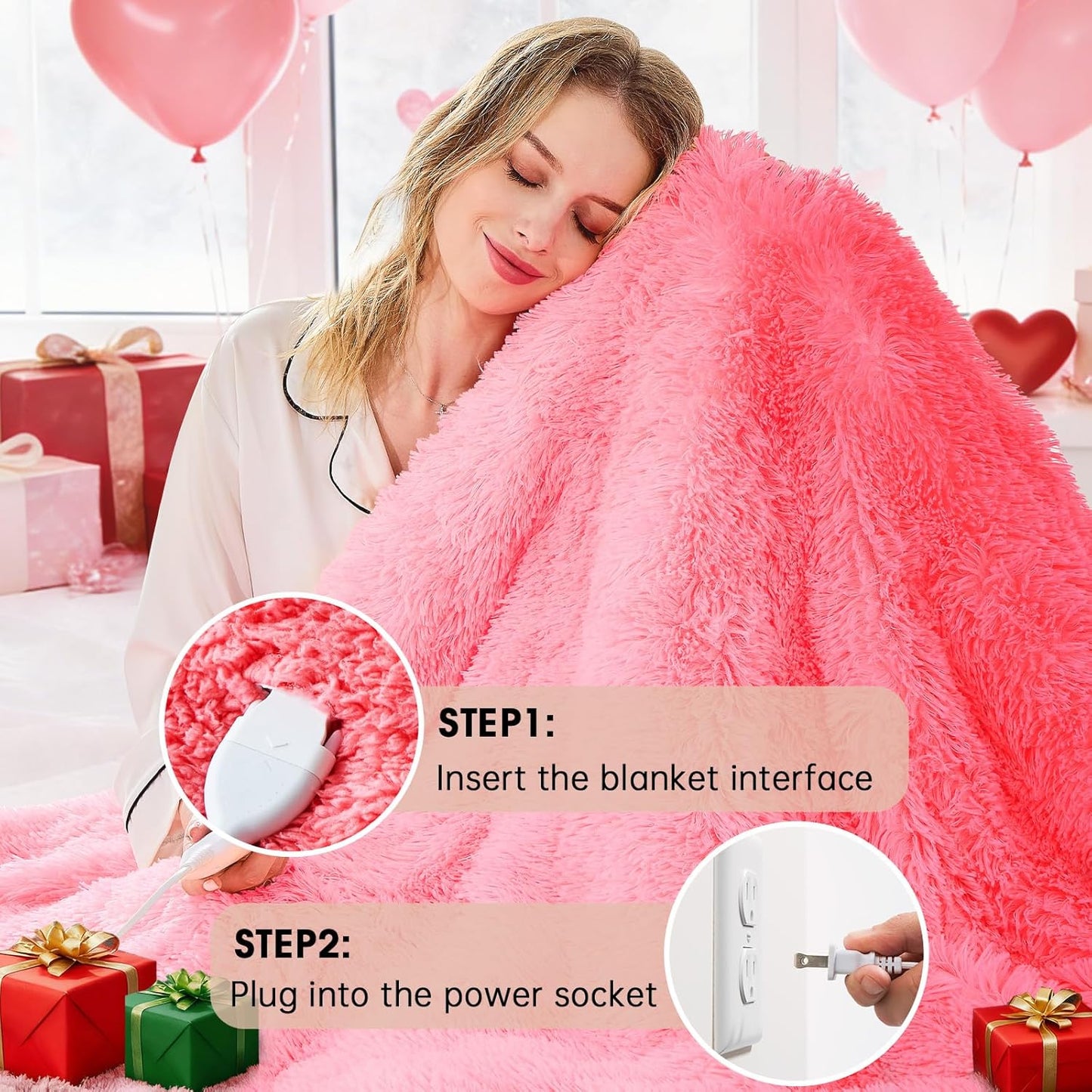Heated Electric Blanket Twin,Warm Winter Birthday Gifts for Women Her Grandma–Faux Fur with Soft Sherpa,10 Heat Settings,5 Time Settings with Fast Heating, 62x84, Baby Pink