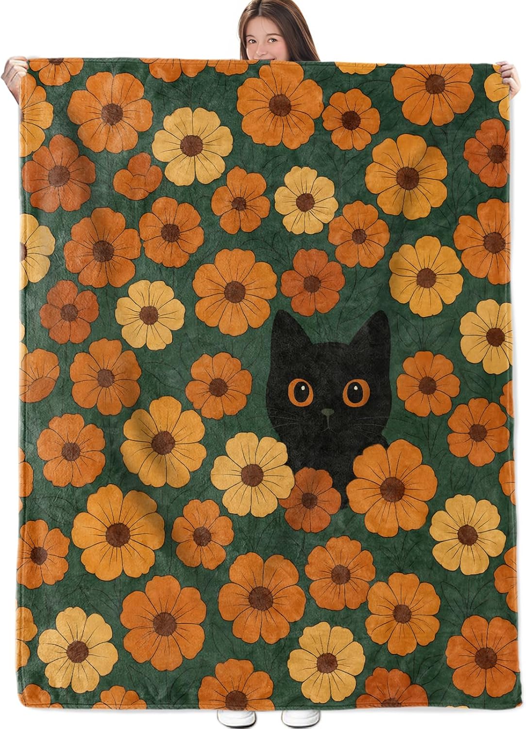 Playful Black Cat Floral Blanket, Flannel Throw Blanket Soft Cozy Lightweight Blankets for Adults Women Kids Home Decor for Sofa Couch Bed 60x50 Inch