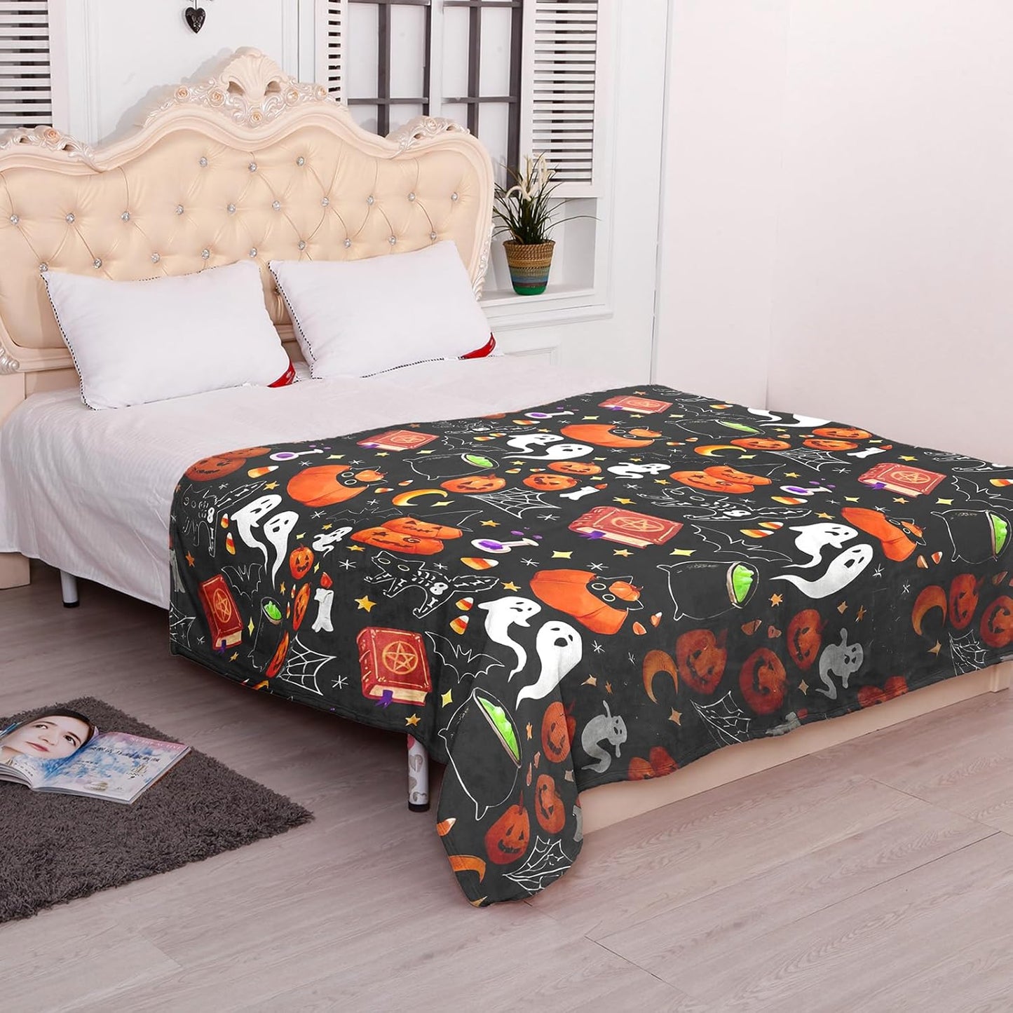50"x40" Vintage Halloween Throw Blanket,Witch Spider Webs Bat Pumpkin Skull Gothic Blanket, Festival All Seasons Warm Cozy for Sofa Chairs Bed Office Home Women GIrls Gift (Halloween Blanket 4)