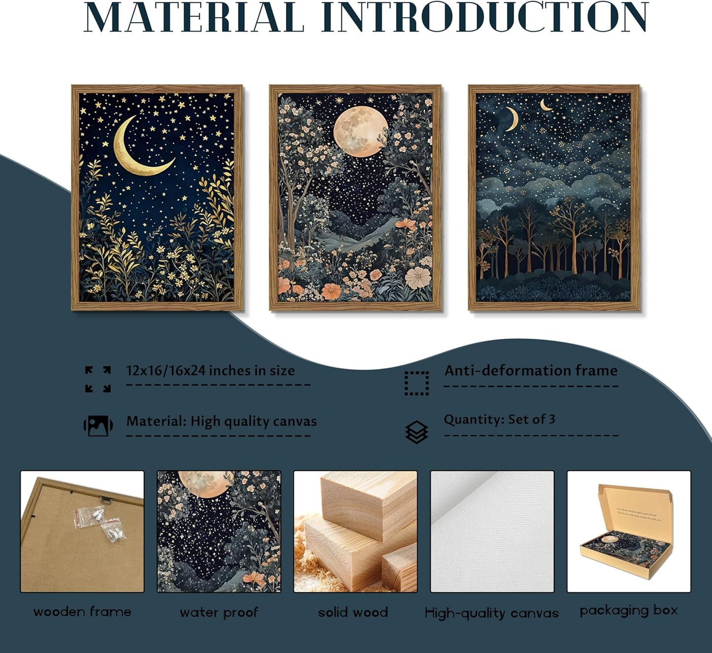 Framed Vintage Botanical Wall Art Set of 3, Nature Moon Night Sky Floral Canvas Prints, Forest Scenery Picture Painting, William Morris Farmhouse Wall Decor for Living Room Bedroom 16x24 inch