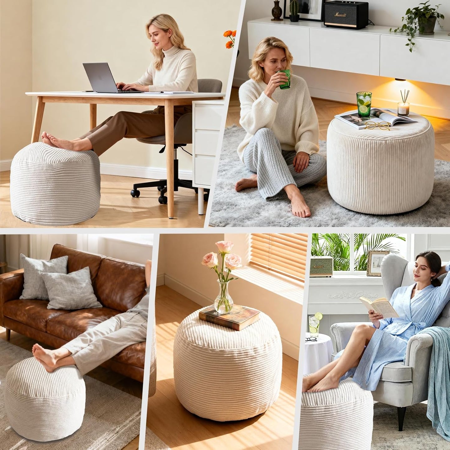 Foot Stools Ottoman,Round Stuffed Pouf Ottoman, Corduroy Poufs with Foam Chunk Filling, Furry and Fluffy Storage Ottomans, 20 X 15 Floor Poufs Foot Rest for Living Room