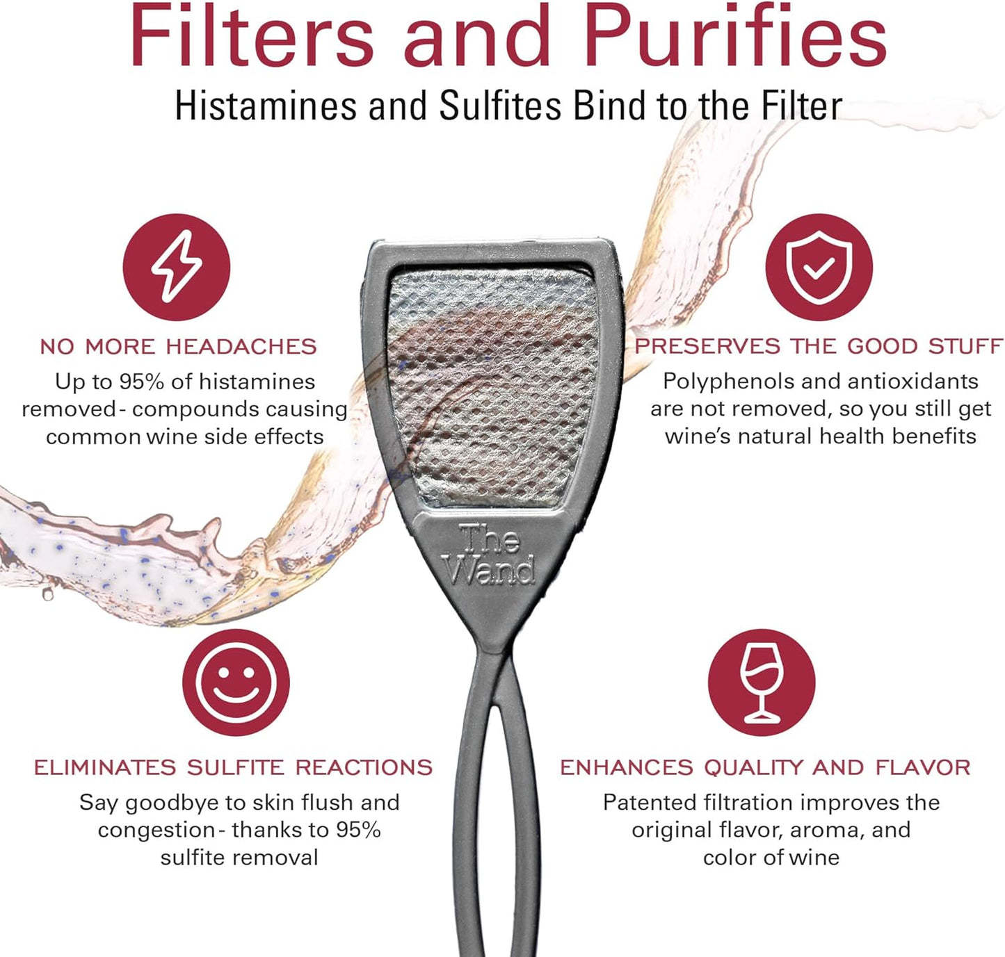 PureWine The Wand Wine Purifier - Red & White Wine Filters for Histamines & Sulfites, Sulfite Remover Sticks, Helps Allergies & Headaches, Gift Accessories for Women & Men - 3 Wands, Silver