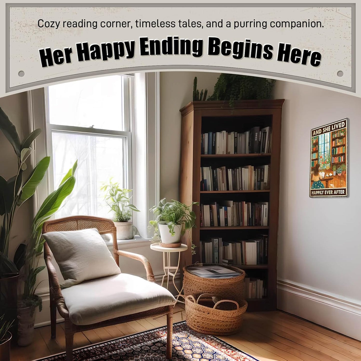 Vintage Garden Signs Reading Poster for Home Living Room Wall Art Decor Aesthetic - And She Lived Happily Ever After, Cottagecore Tin Sign 8X12 Inches