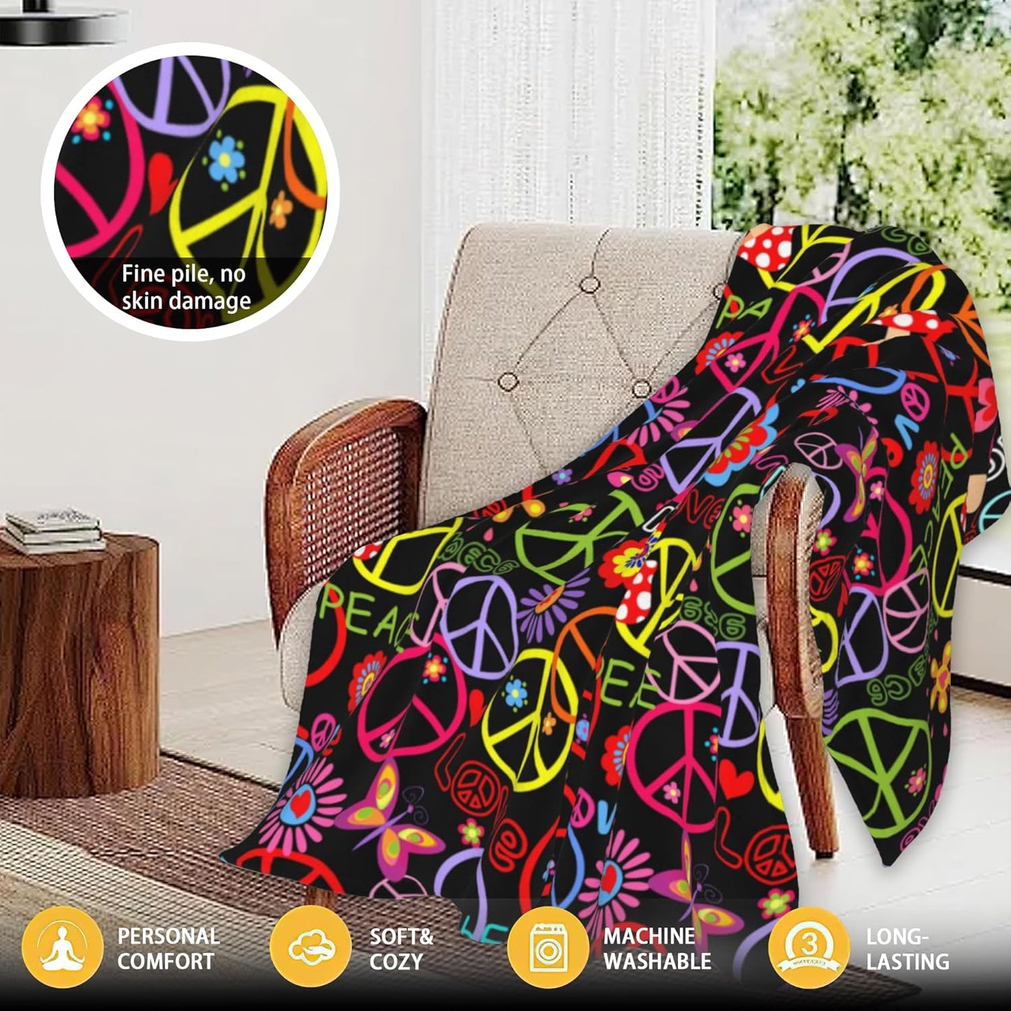 Elightvap Blanket Hippie Peace Mushroom Butterfly Flower Blankets Warm Lightweight Throw Blanket All-Season for Couch Bed Man Women Girl 50"x60"