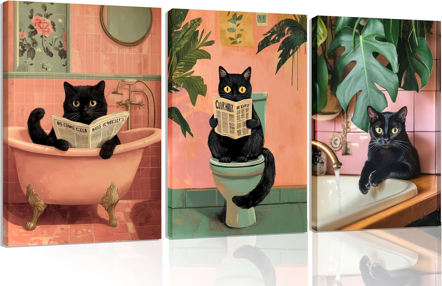 3Pcs Pink Bathroom Cat Canvas Wall Art Black Cat Sitting on Toilet Reading Posters Funny Cat Bathroom Prints Pink Animal Pictures Green Botanical Painting Wall Decor for Bathroom Toilet Framed