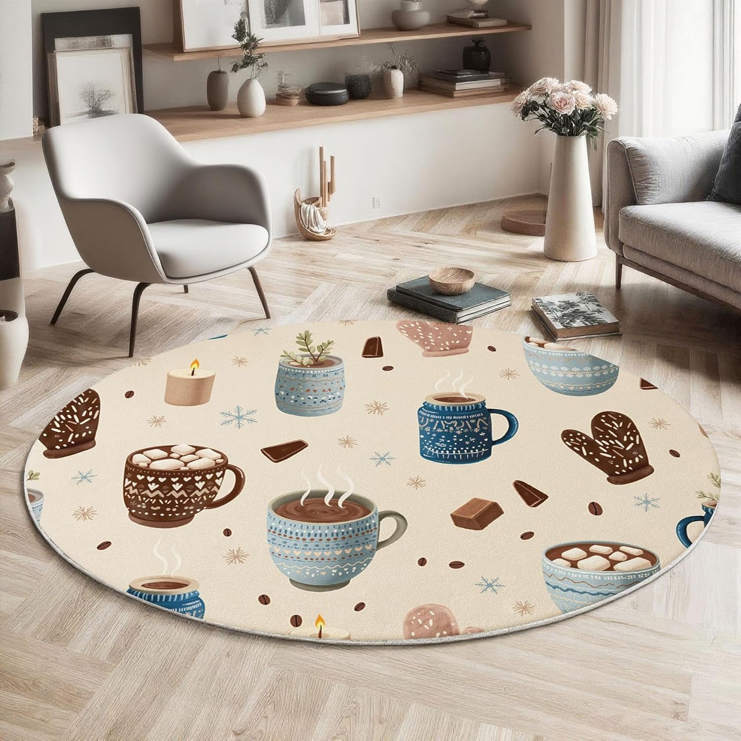Washable Winter Hot Cocoa Snowflakes Area Rug, 4Ft Round Rugs for Living Room Soft Carpet for Bedroom Cartoon Illustration Indoor Stain Resistant Non-Shedding Floor Carpet, Beige, 4Ft-Round