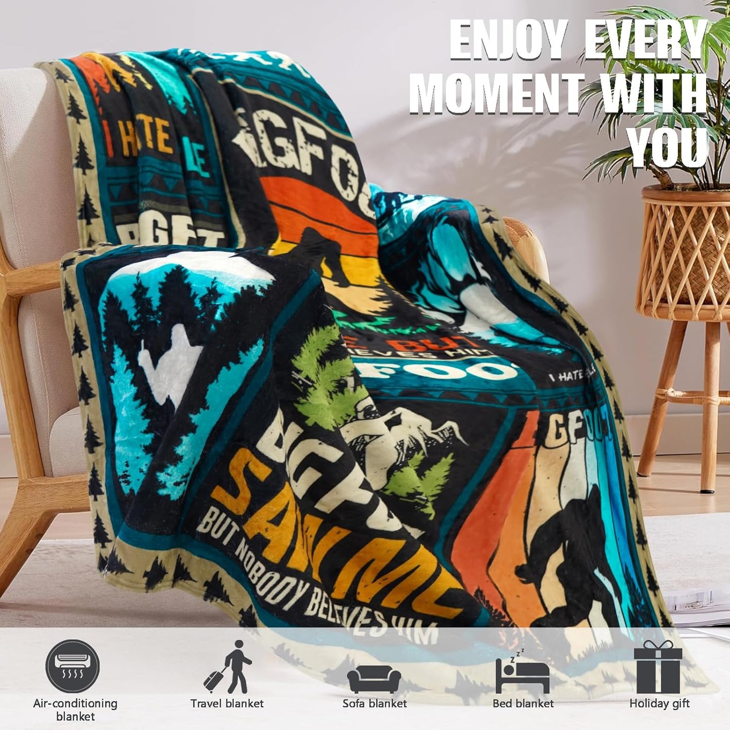 Bigfoot Gifts for Men Women Sasquatch Sherpa Blankets Soft Flannel Reading Blanket Cozy Warm Bedding Fuzzy Big Foot Throw Blanket for Couch Bed Sofa Decor Funny Dad Birthday, 60"X50"