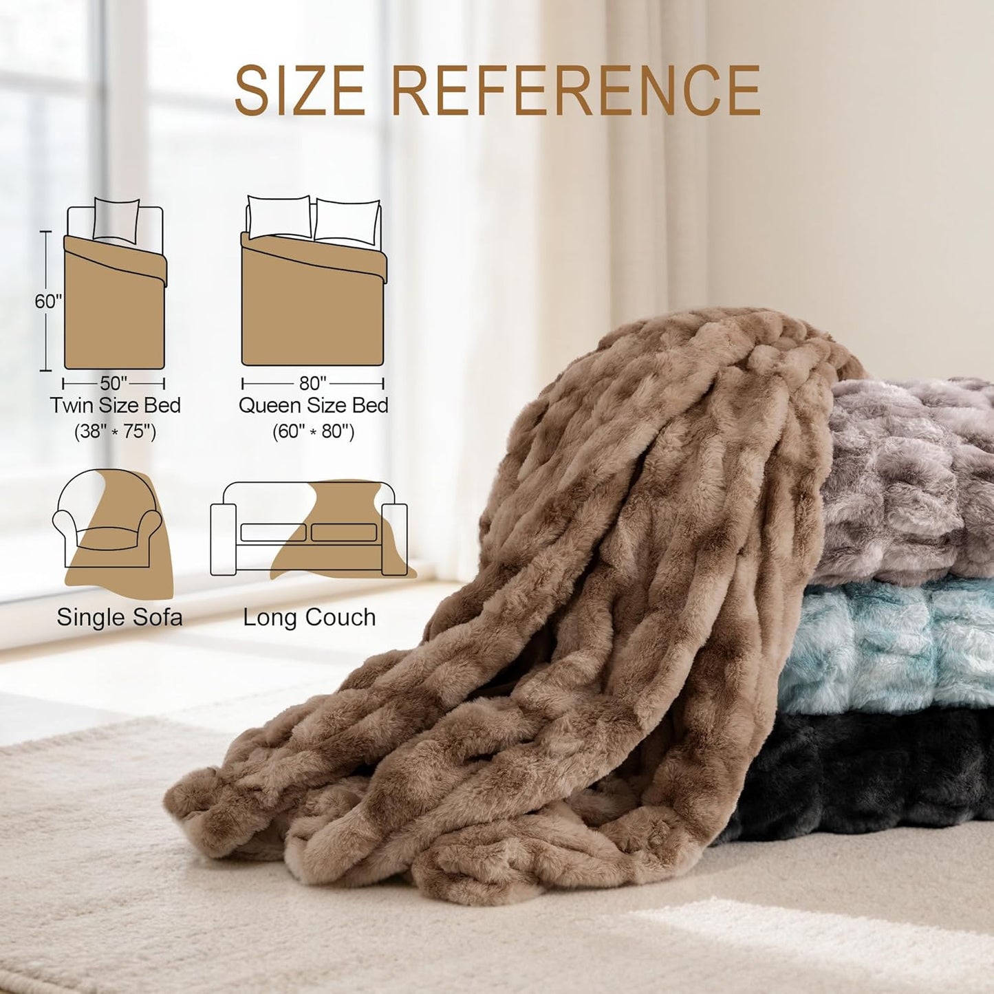 Ultra Soft Luxury Faux Fur Throw Blanket for Couch, Fuzzy Fluffy Plush Warm Cozy Ruched Blanket for Sofa Bedroom Living Room, Elegant Gift Idea for Women (50"x60",Tie-dye Taupe)