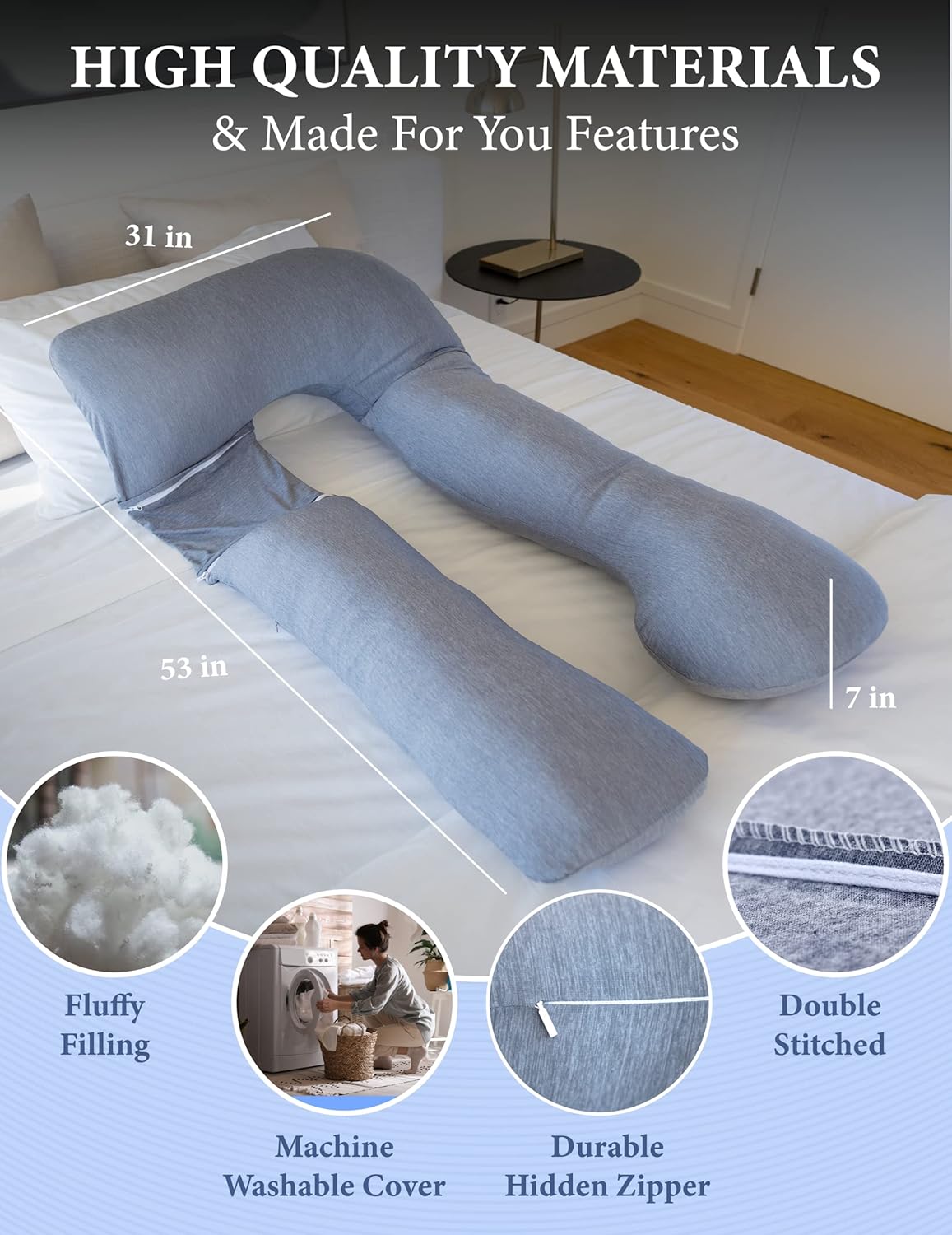 Pharmedoc Pregnancy Pillows, U-Shape Full Body Pillow – Removable Cooling Cover -Dark Grey – Pregnancy Pillows for Sleeping – Body Pillows for Adults, Maternity Pillow and Pregnancy Must Haves