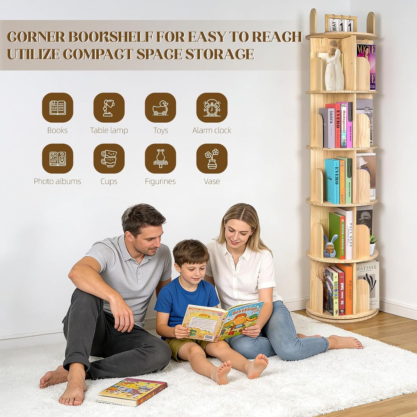 Kryonix Rotating Bookshelf for Kids, Solid Pine Wood Spinning Bookshelf Tower 2 Tier, 360° Revolving Bookcase, Multi-Functiona Corner Round Turning Book Shelf Organizer for Small Spaces