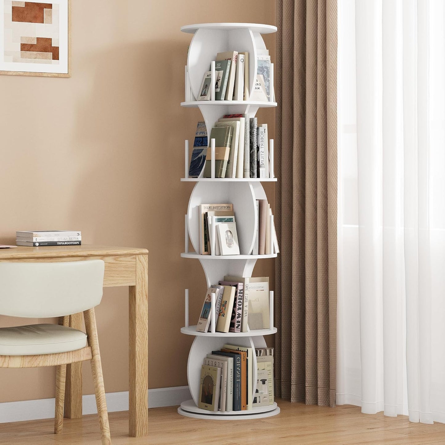 Rotating Bookshelf Tower, 5-Tier Spinning Book Shelf, 360° Revolving Bookcase, Freestanding Corner Bookshelf Organizer for Small Space, Wood Narrow Bookshelf for Living Room, White