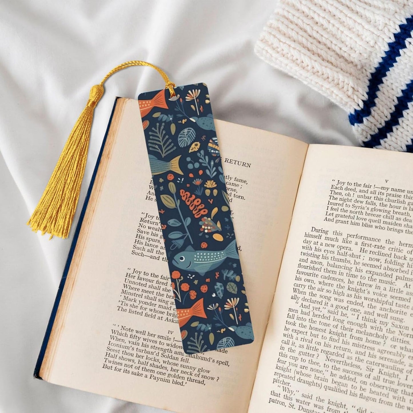 Small Fish and Plants Bookmarks Gifts for Women Men, Wooden Bookmarks for Book Lovers, Vintage Book Marks Ornaments with Tassel, Unique Personalized Reading Page Markers Gold