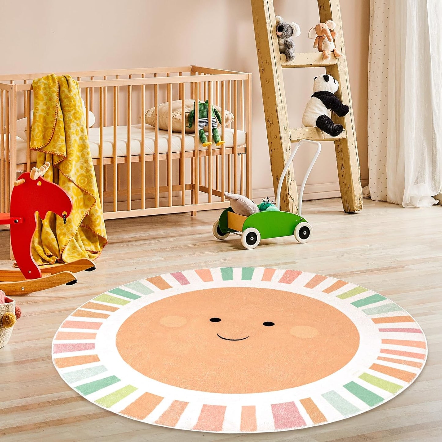 Boho Sun Round Rug 4 Ft Cute Colorful Sunshine Circle Area Rug Washable Non-Slip Throw Soft Carpet for Home Kindergarten Reading Nook Playroom Living Room Dining Room Decor
