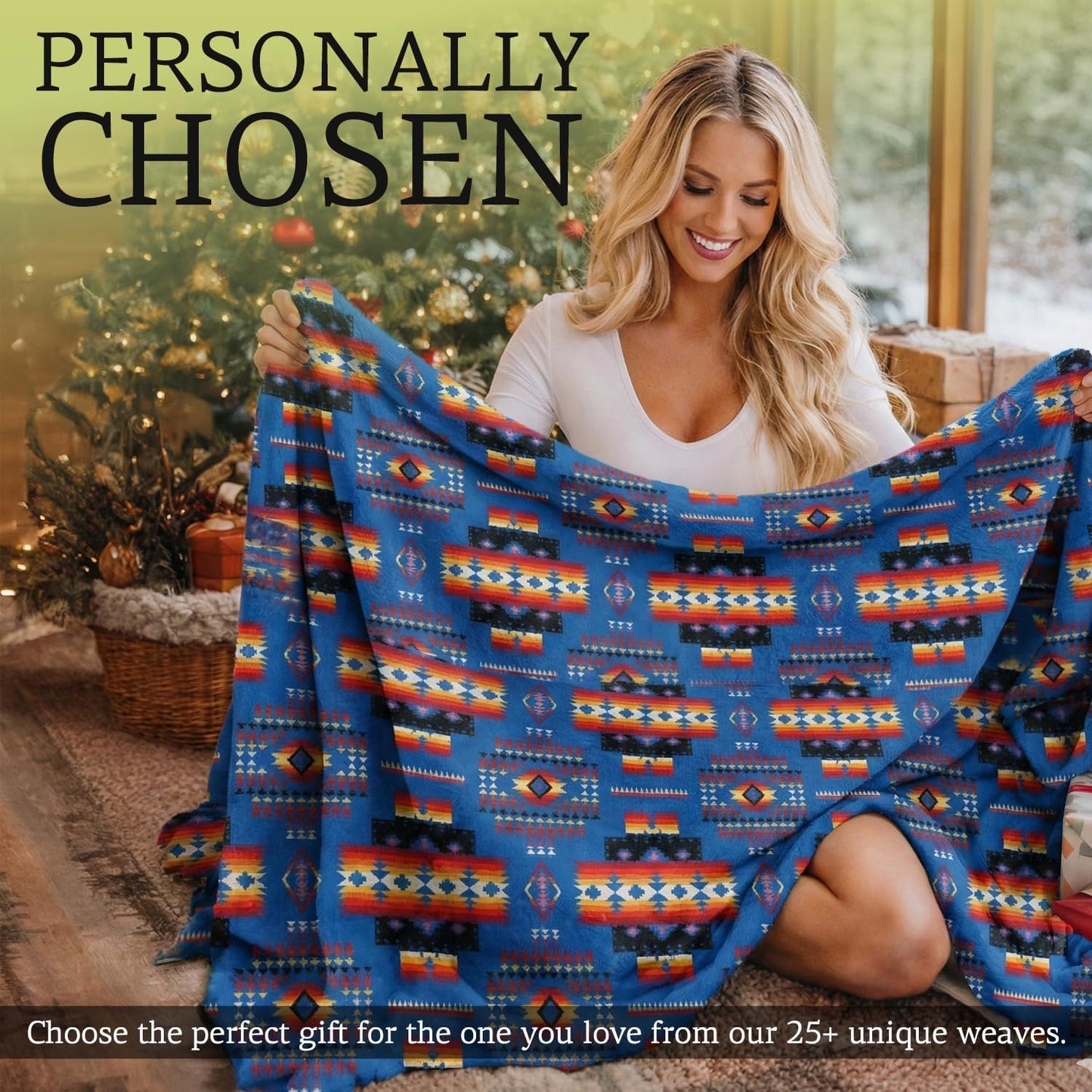 Sacred Thread Aztec Blanket Fleece, Reversible Native American Blanket, Western Throw, Native American Western (Blue Sherpa), Full (60”x80”)