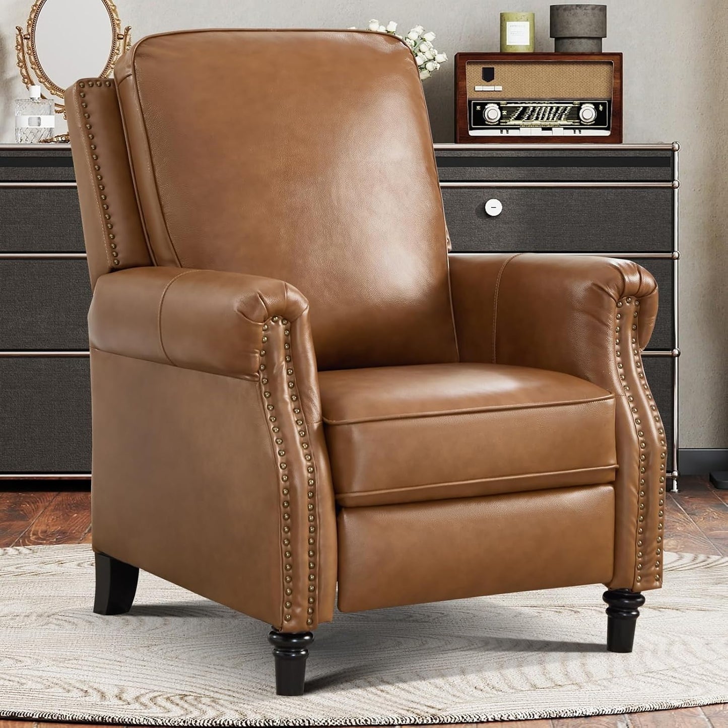 Genuine Leather Pushback Reclining Chairs with Padded Seat Wingback with Rivet Decoration Single Recliner Chair Sofa for Living Room Apartment(Brown)