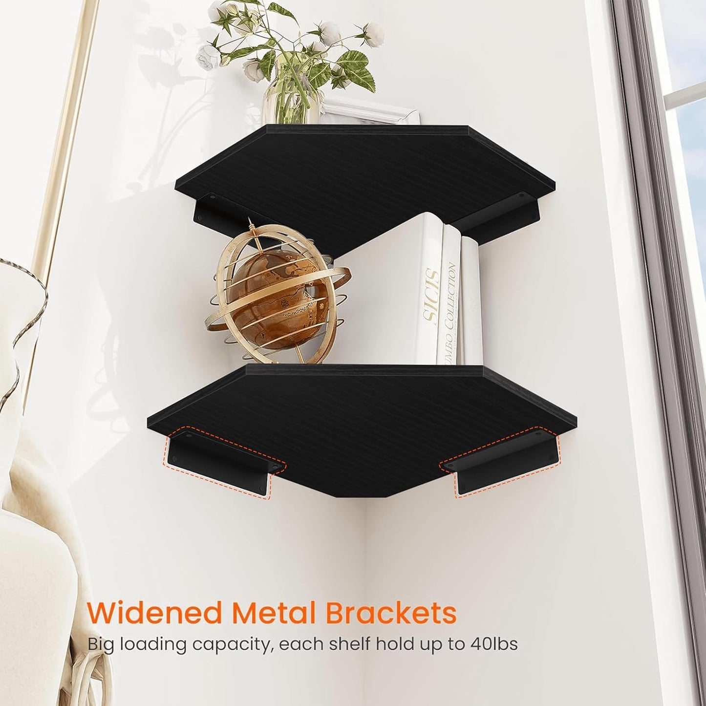 Homode Corner Floating Shelves, Corner Shelves Wall Mounted with Cord Hole, 4 Tier Diamond Shape Corner Hanging Shelving for Wall Storage, for Cable Box, TV Cords, Books, Plants, Black