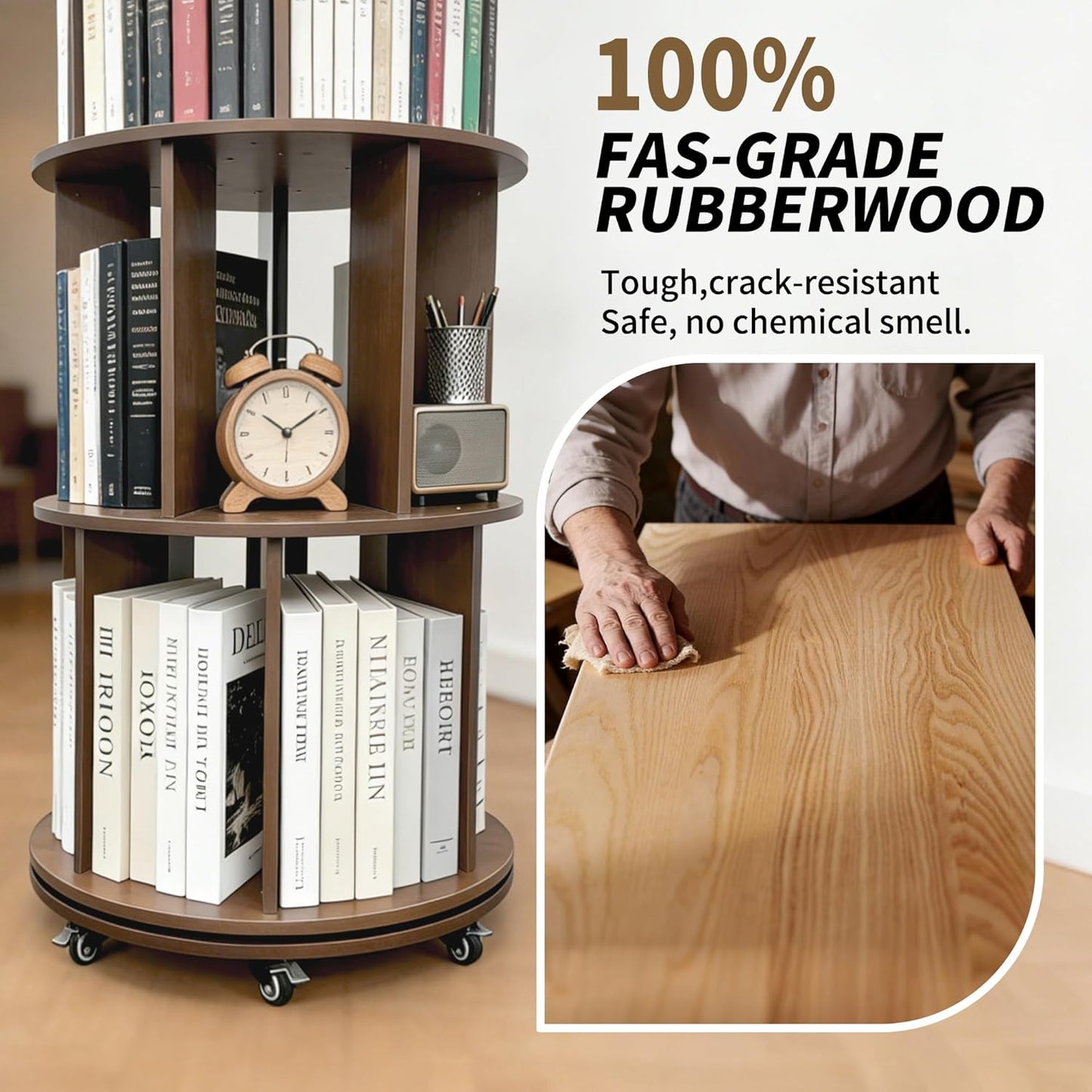 Kryonix Solid Wood Rotating Bookshelf on Wheels, Spinning Bookshelf Tower 5 Tier, 360° Revolving Bookcase, Multi-Functiona Corner Round Turning Book Shelf Organizer for Small Spaces, Walnut