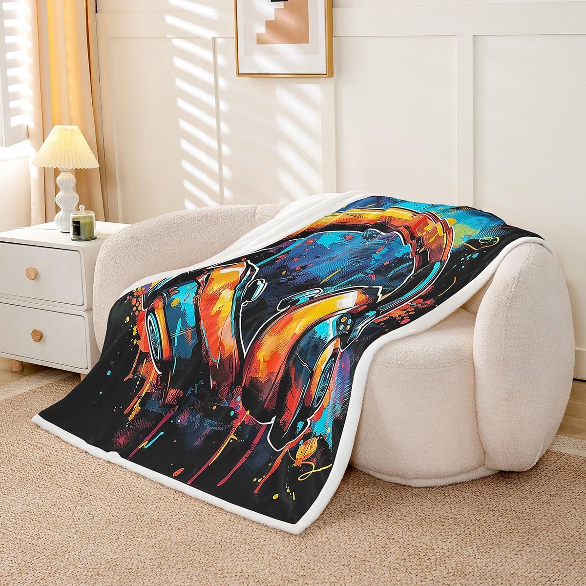 Erosebridal Headphones Blanket Throw 50"x60",Music Theme Headphone Blankets and Throws for Kids Boys Girls,Musical Fleece Blanket Grunge Colorful Graffiti Sherpa Blanket Bedroom Decor