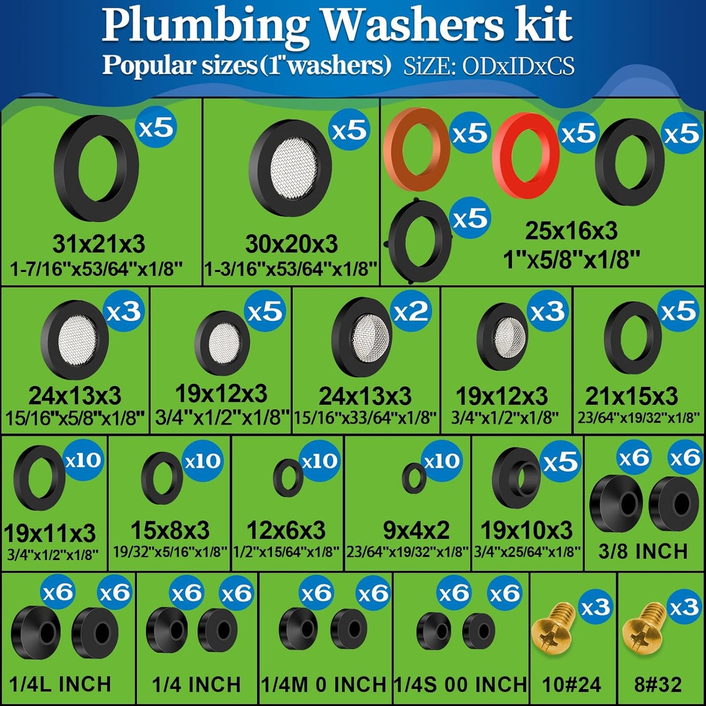 1075 Pcs 3-in-1 Spigot Repair Washers & Hose Gasket & Faucet O-Rings Kit 37 Size Plumbing Rubber Washers Assortment Set for Kitchen Faucet Outdoor Hose Bib Water Spigot Seal Repair