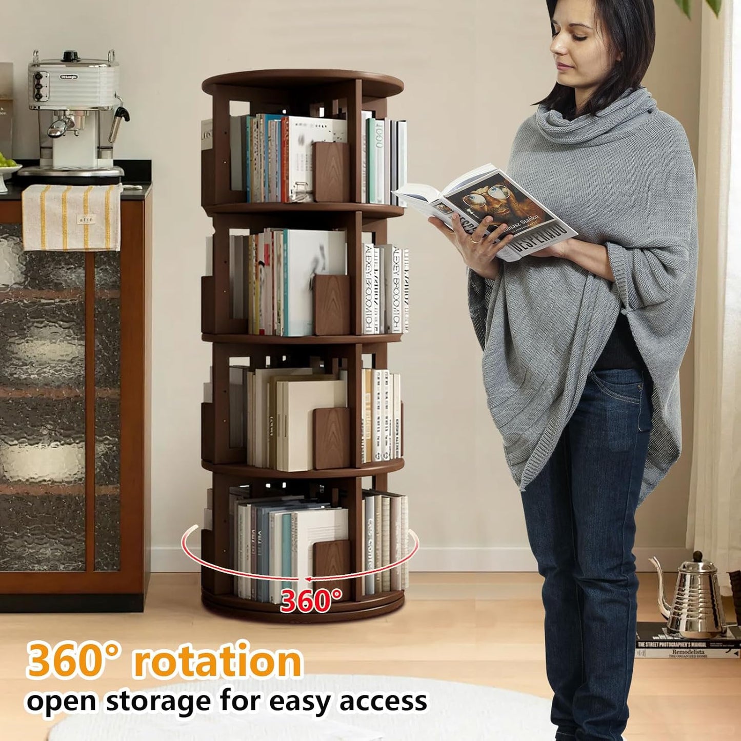 AIZYR Solid Wood Rotating Bookshelf 4 Tier Floor Standing Bookcase, Spinning Book Shelf Display Wood Narrow Storage Rack for Small Space Study Office